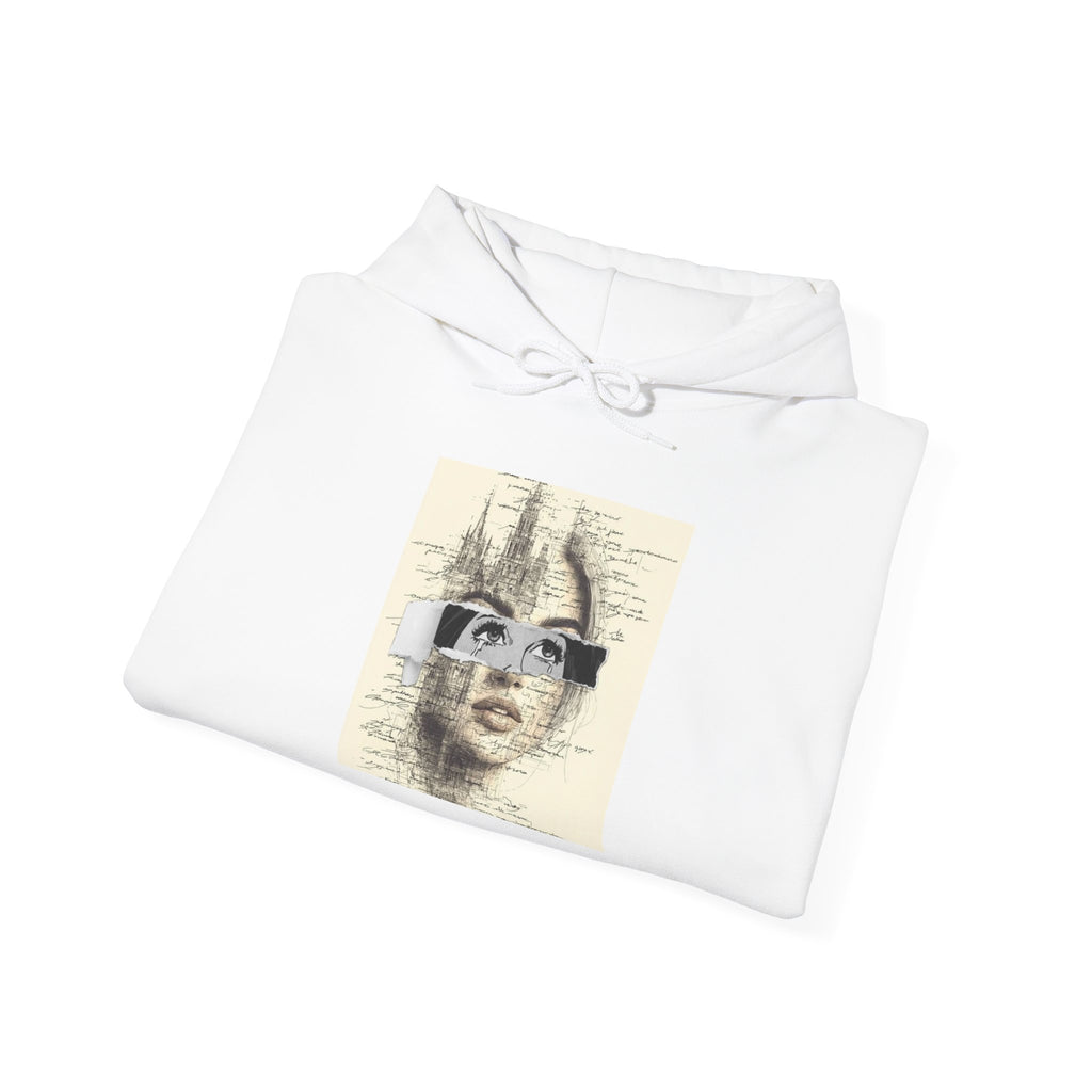 Artistic Face Collage Hoodie — Vintage Script Portrait Sweatshirt