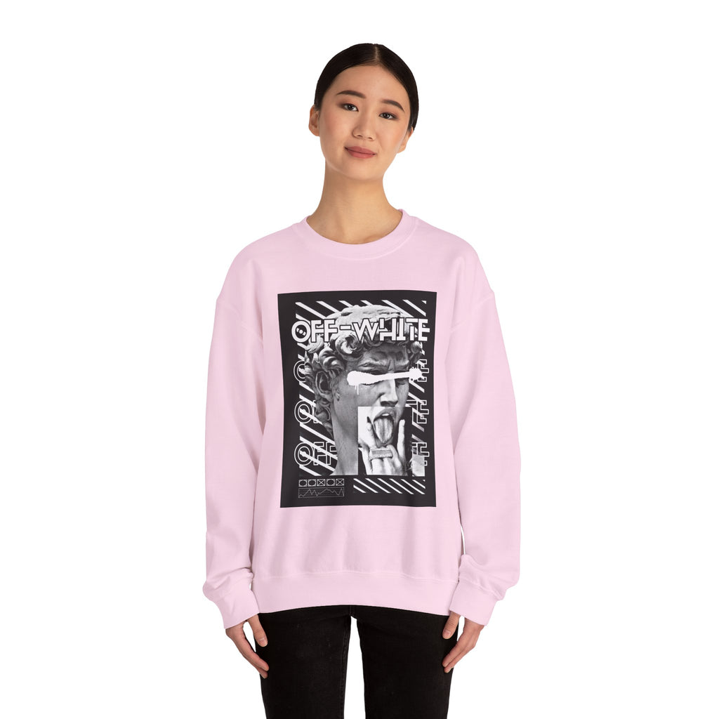 Statue Graphic Crewneck Sweatshirt — 'OFF-WHITE' Monochrome Streetwear Pullover