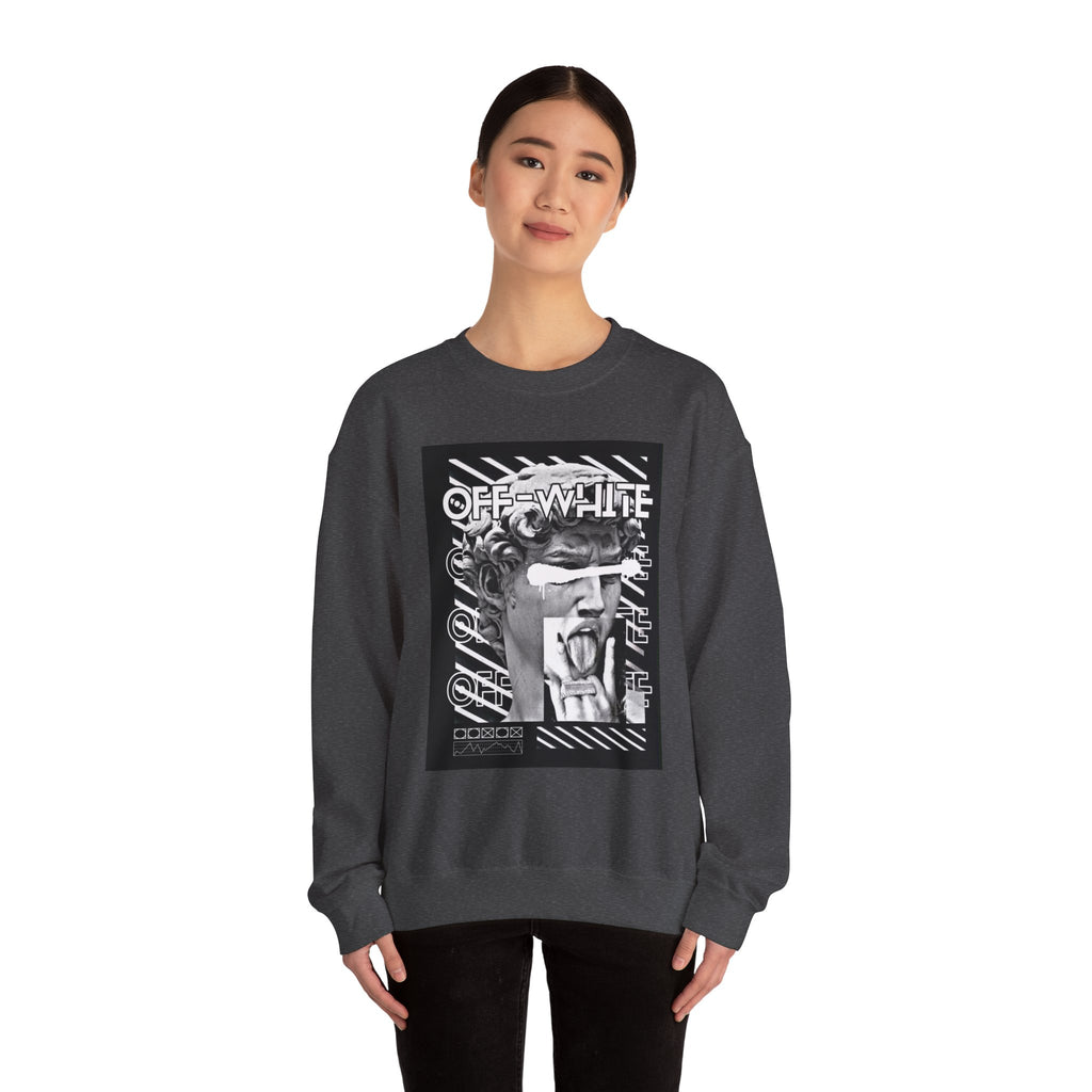 Statue Graphic Crewneck Sweatshirt — 'OFF-WHITE' Monochrome Streetwear Pullover