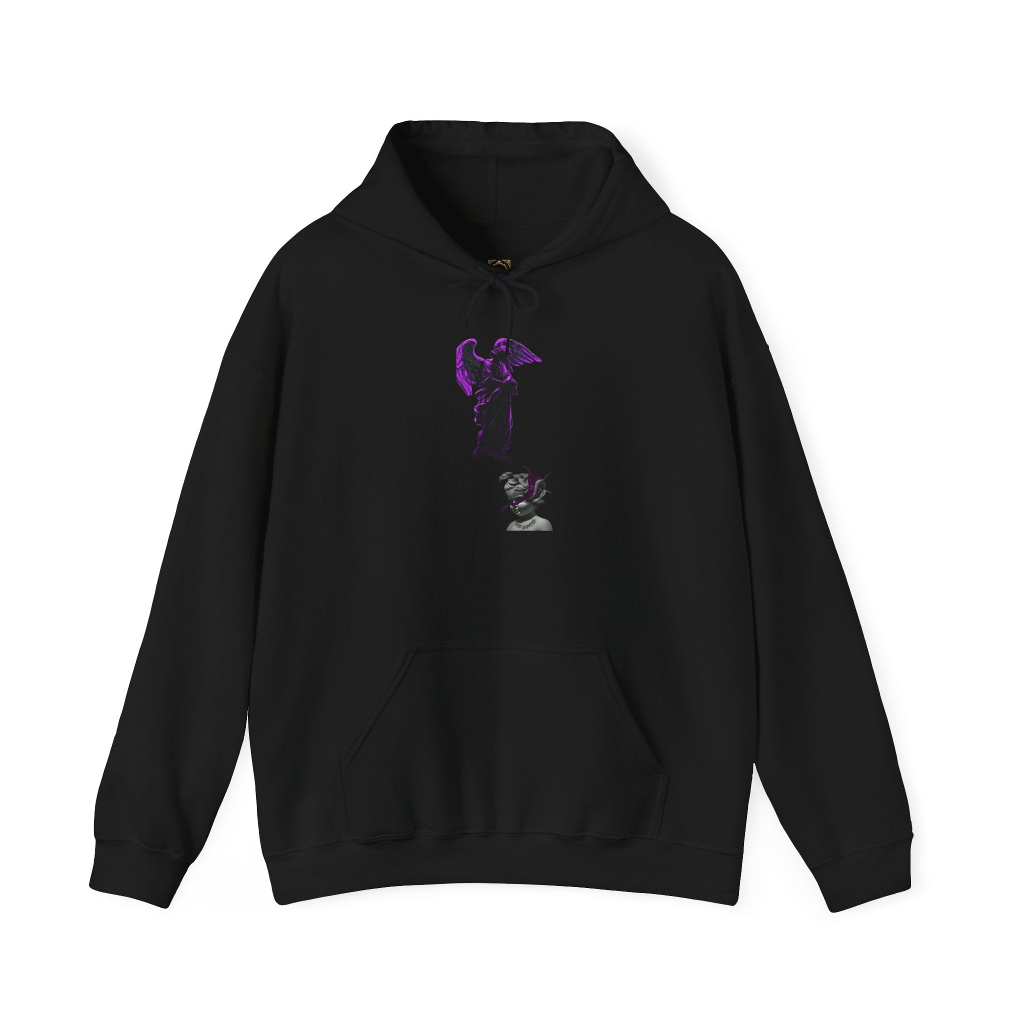 Angel Statue Hoodie — Gothic Purple Accent Sculptural Graphic Hoodie