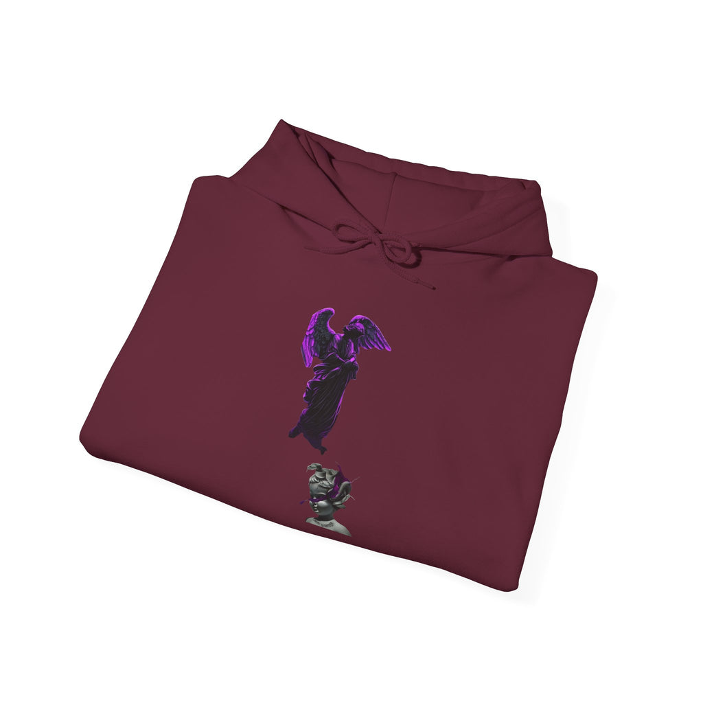 Angel Statue Hoodie — Gothic Purple Accent Sculptural Graphic Hoodie