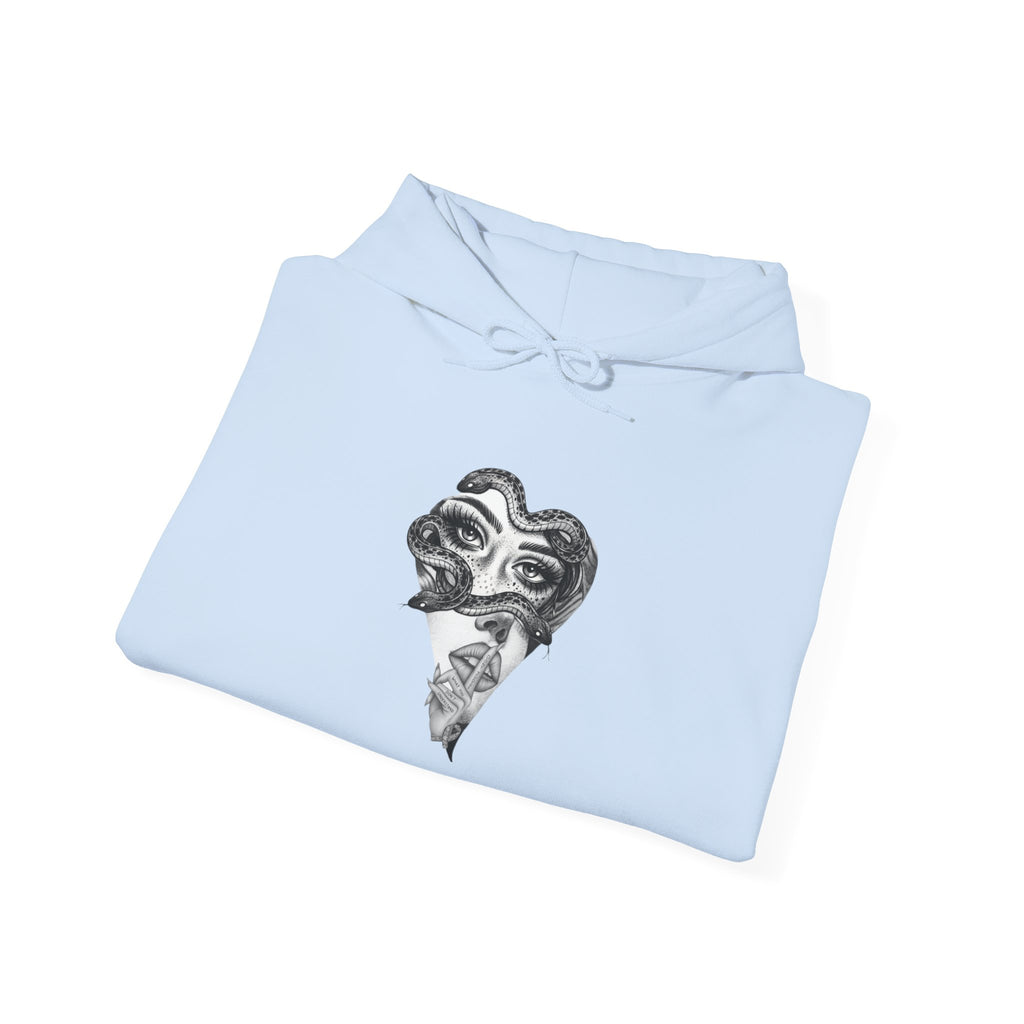 Abstract Heart Mask Hoodie — Surreal Black & White Graphic Pullover