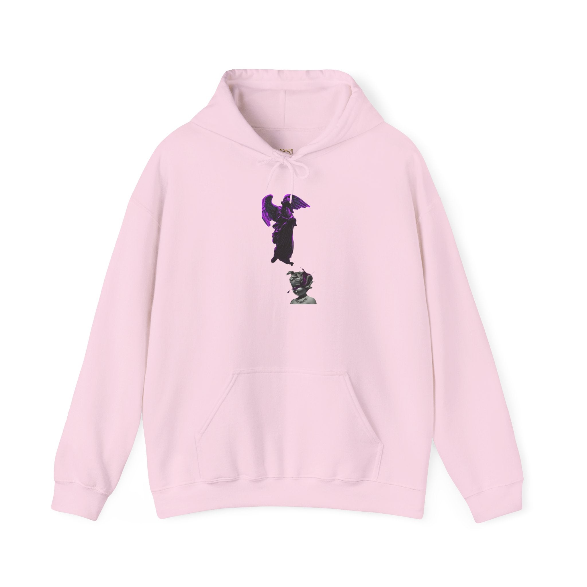 Angel Statue Hoodie — Gothic Purple Accent Sculptural Graphic Hoodie