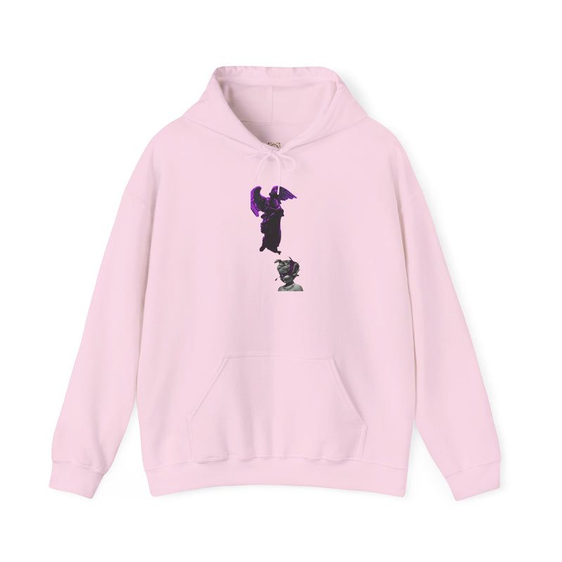 Angel Statue Hoodie — Gothic Purple Accent Sculptural Graphic Hoodie