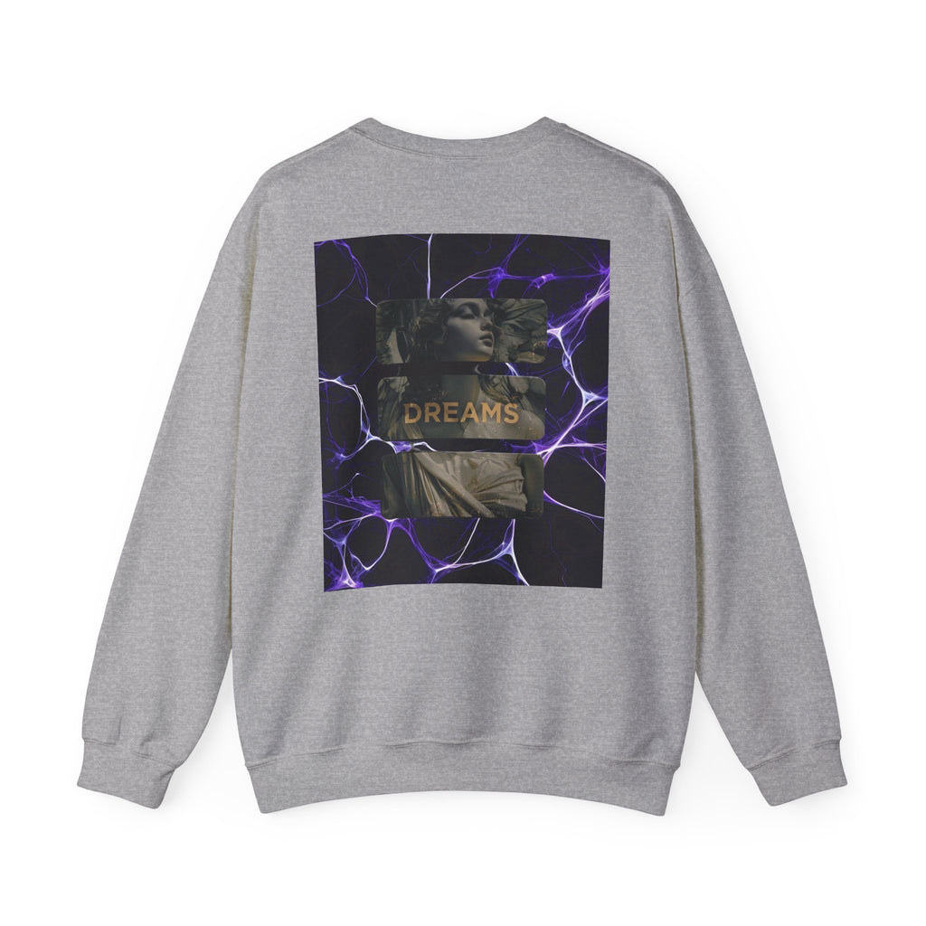 Dreams Statue Crewneck Sweatshirt — Retro Statue Graphic with Purple Lightning