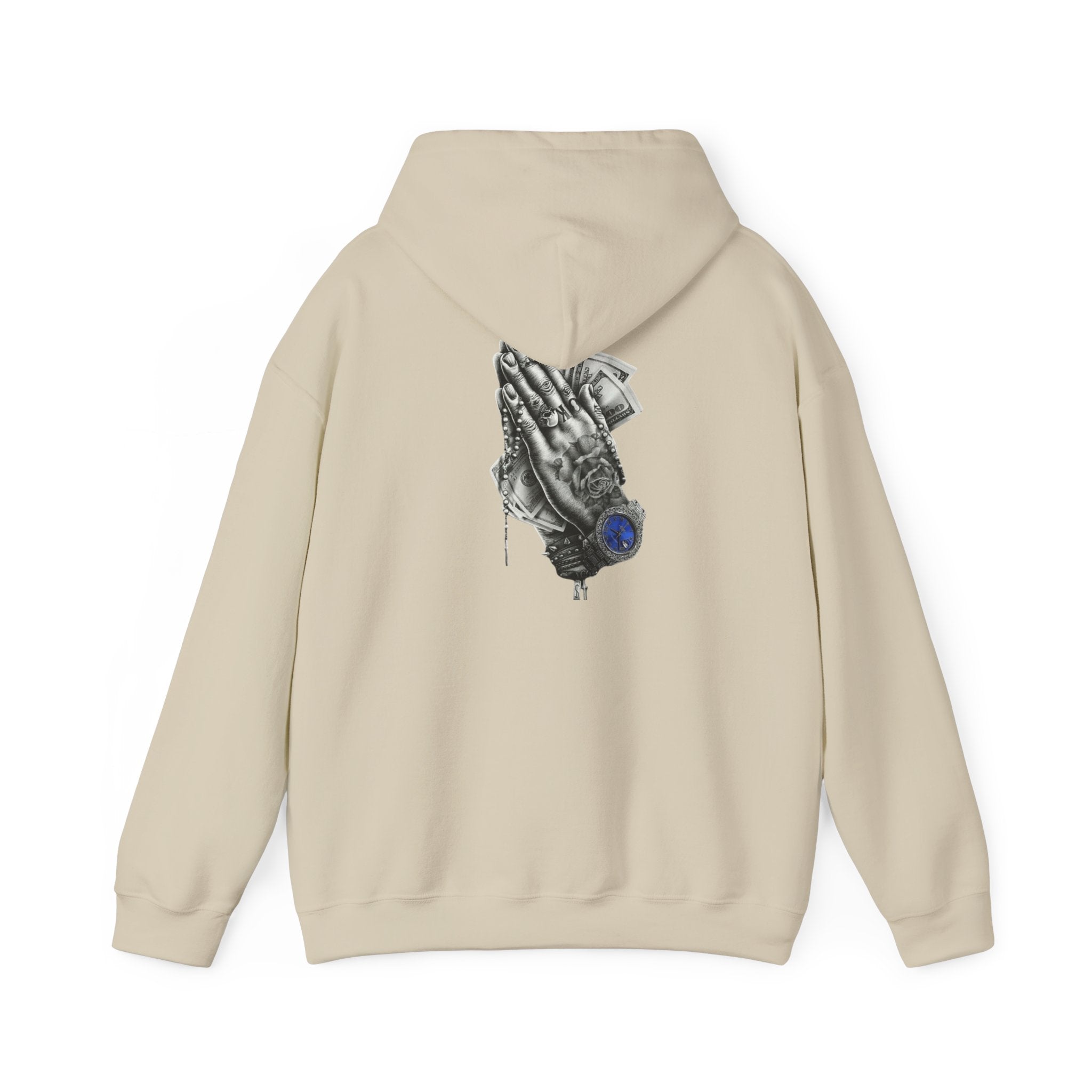 Hoodie — Praying Hands Graphic Hoodie with Blue Rose Accent
