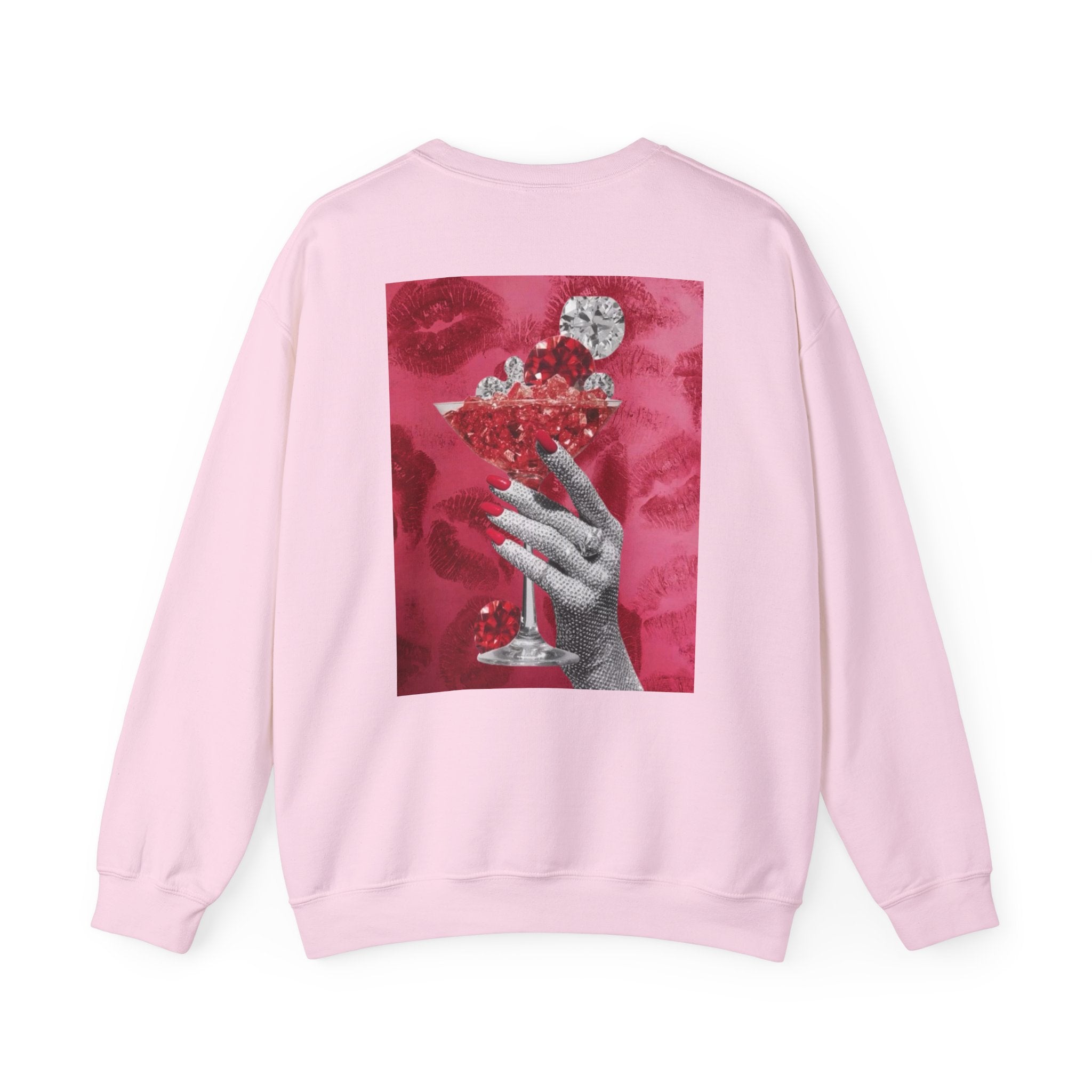 Crewneck Sweatshirt — Glamorous Red Cocktail Collage (Hand Holding Glass, Lip Print)