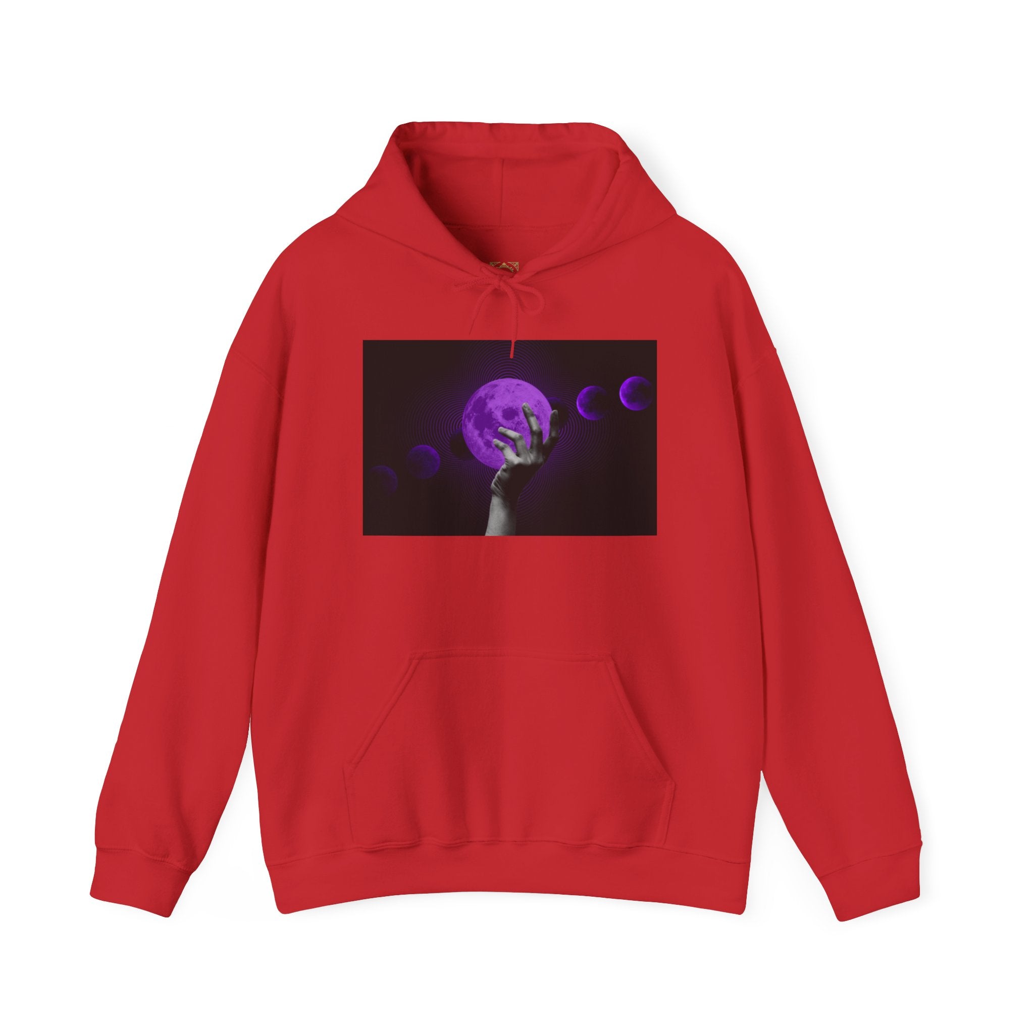 Moon Phases Hoodie — Purple Lunar Hand Graphic Pullover