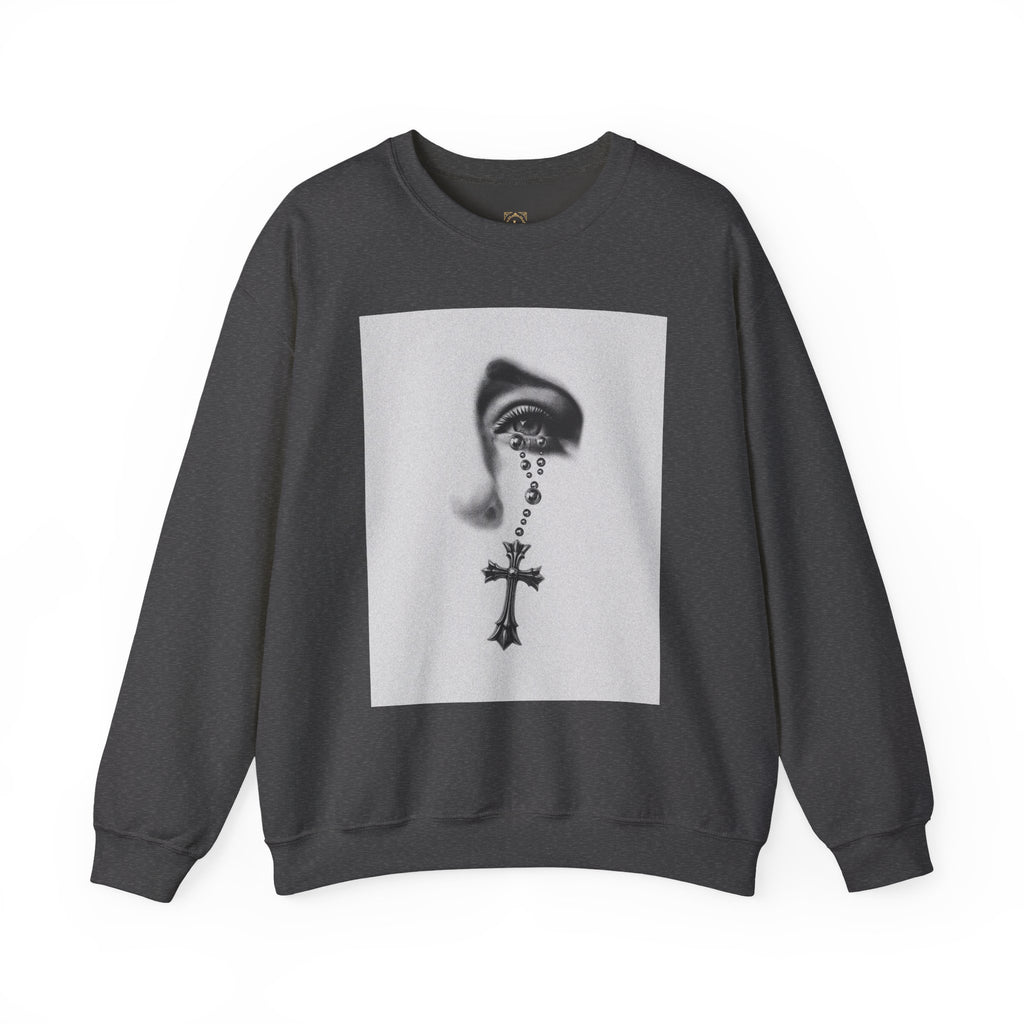 Rosary Tear Crewneck Sweatshirt — Gothic Eye & Cross Graphic