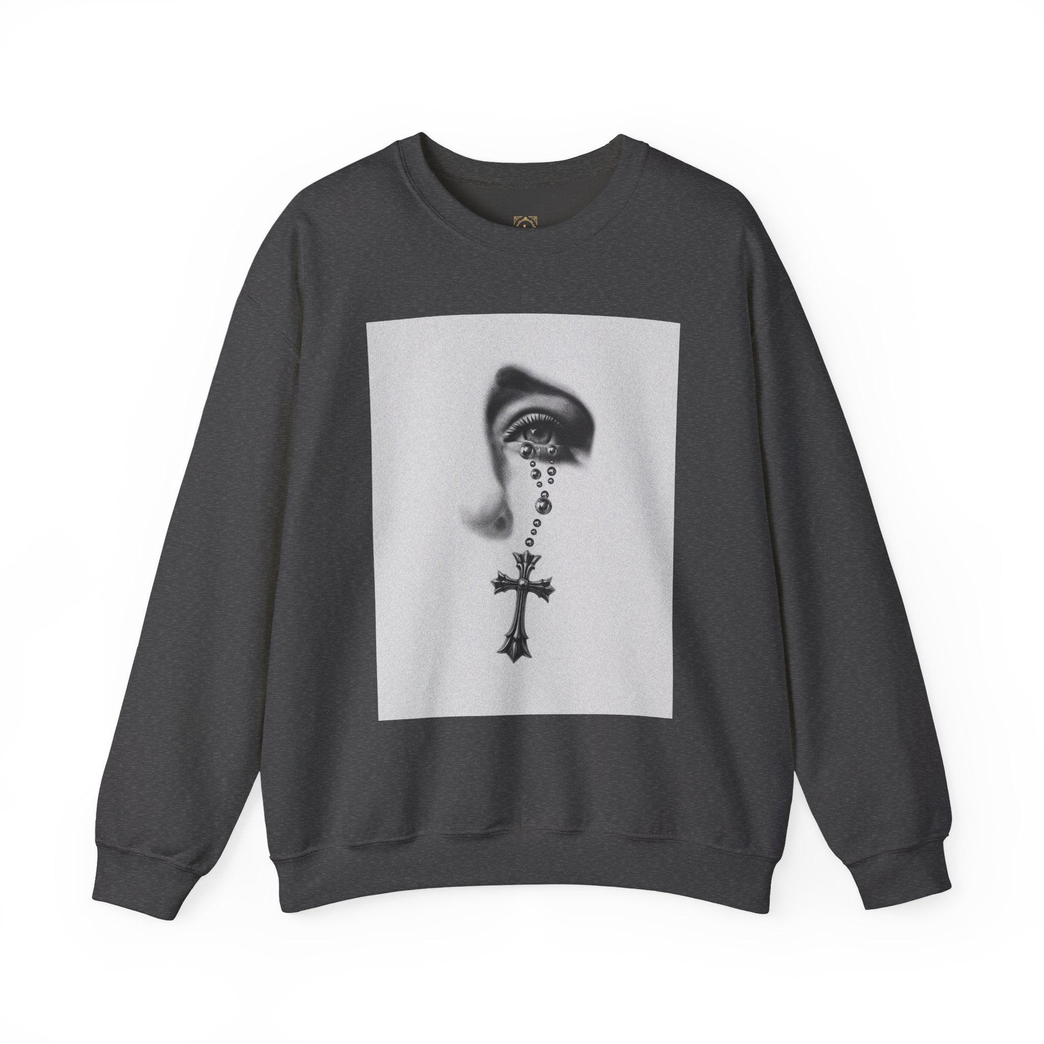 Rosary Tear Crewneck Sweatshirt — Gothic Eye & Cross Graphic