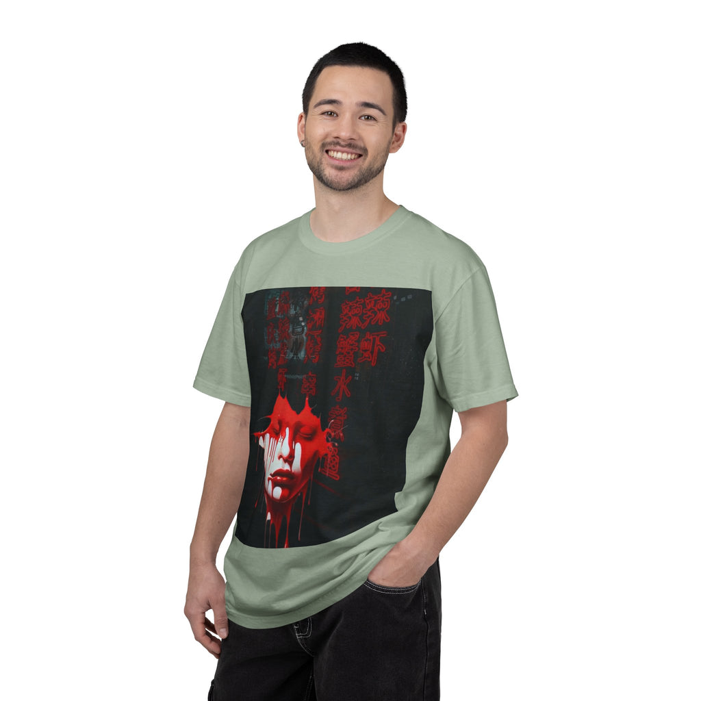 Horror Portrait Tee — Dripping Red Face with Japanese Script Graphic