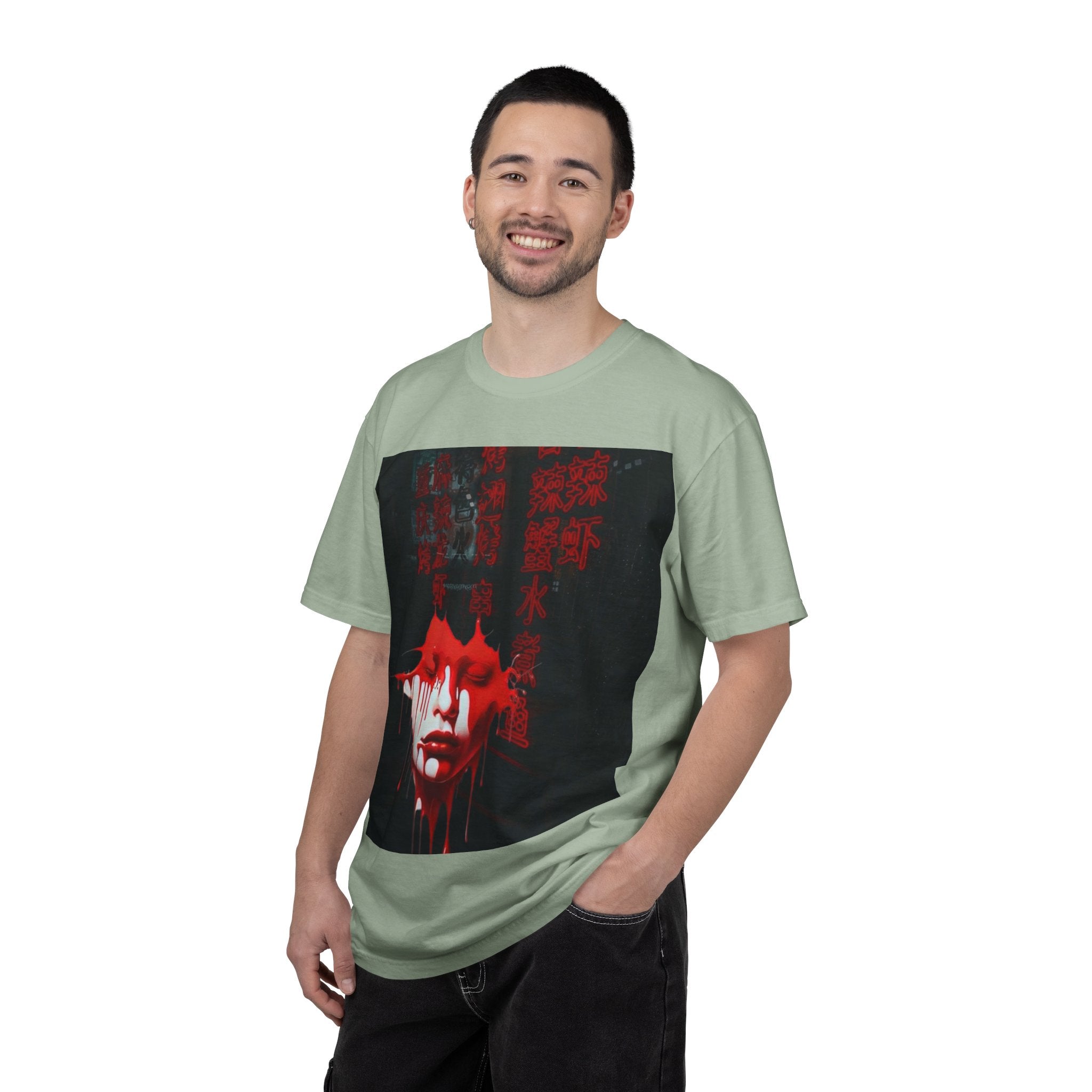 Horror Portrait Tee — Dripping Red Face with Japanese Script Graphic