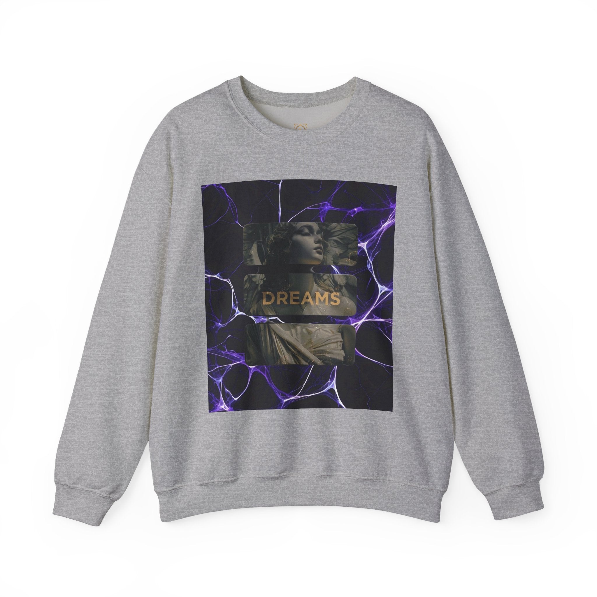 Dreams Statue Crewneck Sweatshirt — Retro Statue Graphic with Purple Lightning