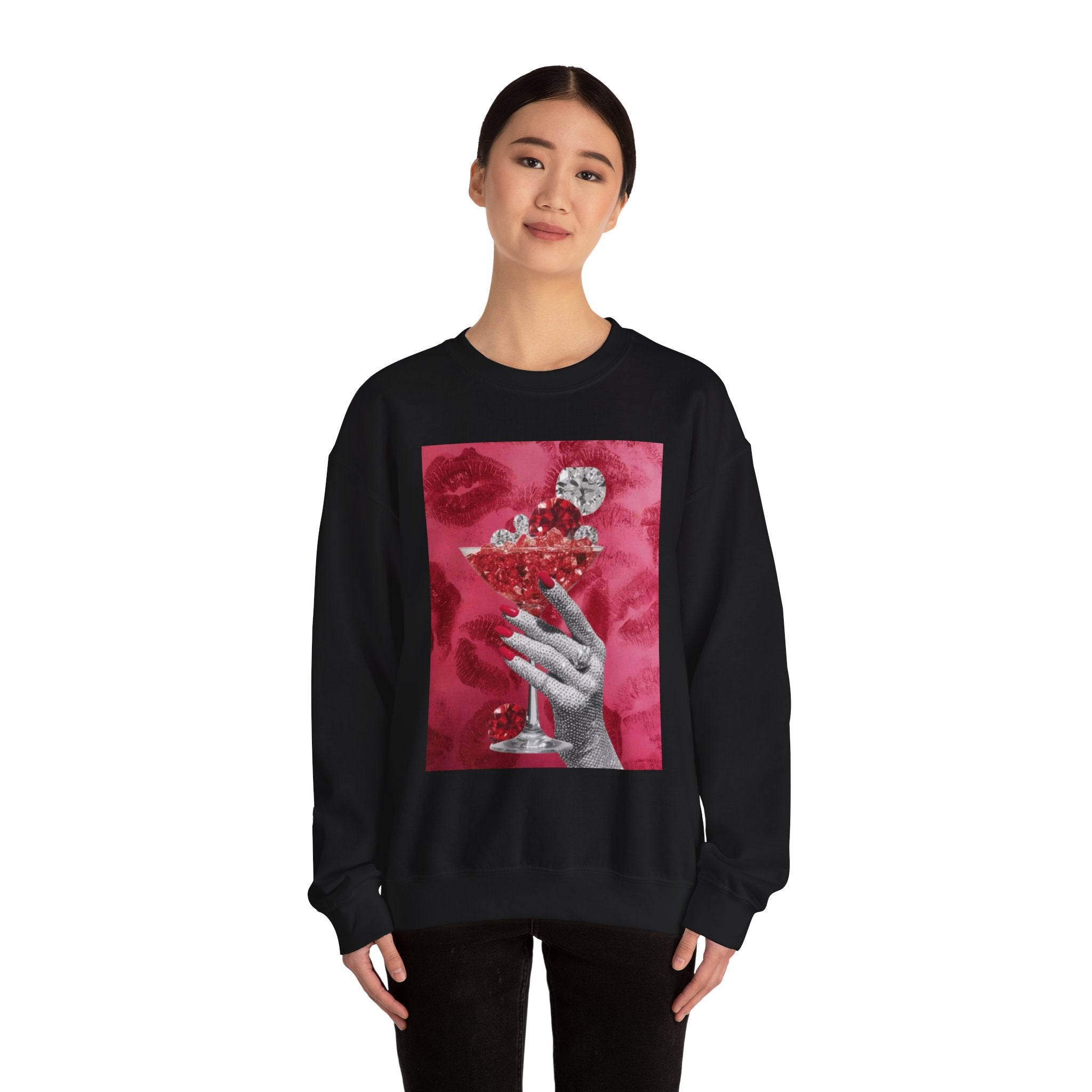 Crewneck Sweatshirt — Glamorous Red Cocktail Collage (Hand Holding Glass, Lip Print)