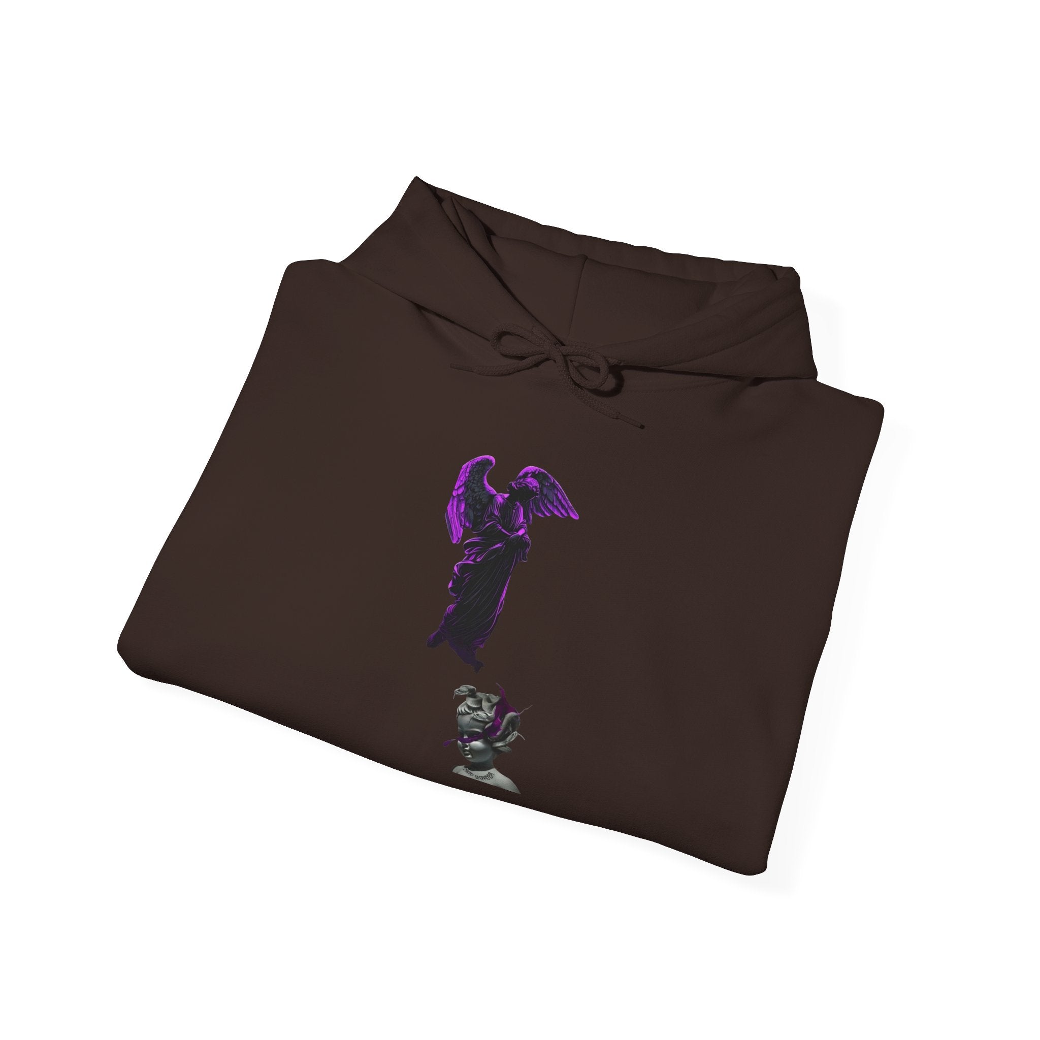 Angel Statue Hoodie — Gothic Purple Accent Sculptural Graphic Hoodie