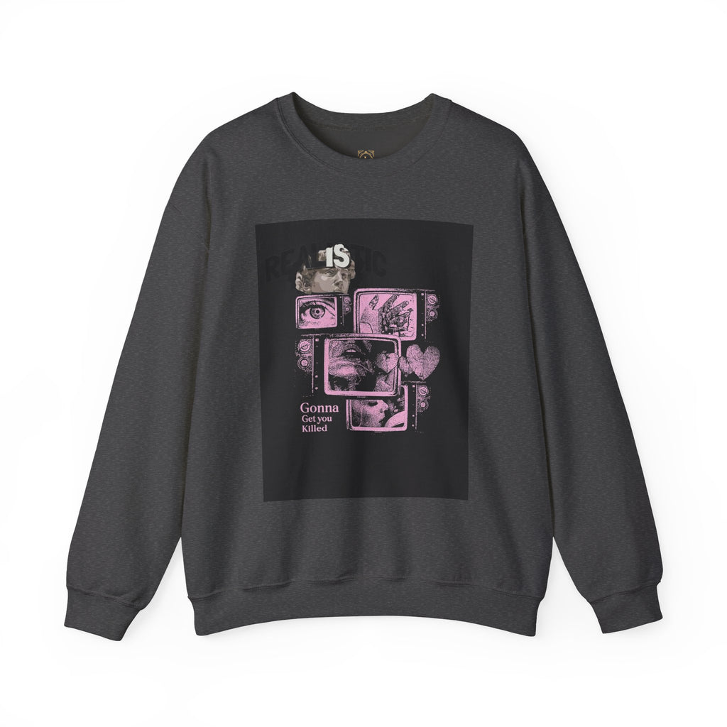 Crewneck Sweatshirt — Pink Collage Eyes Graphic “Gonna Get You, Kiddo”