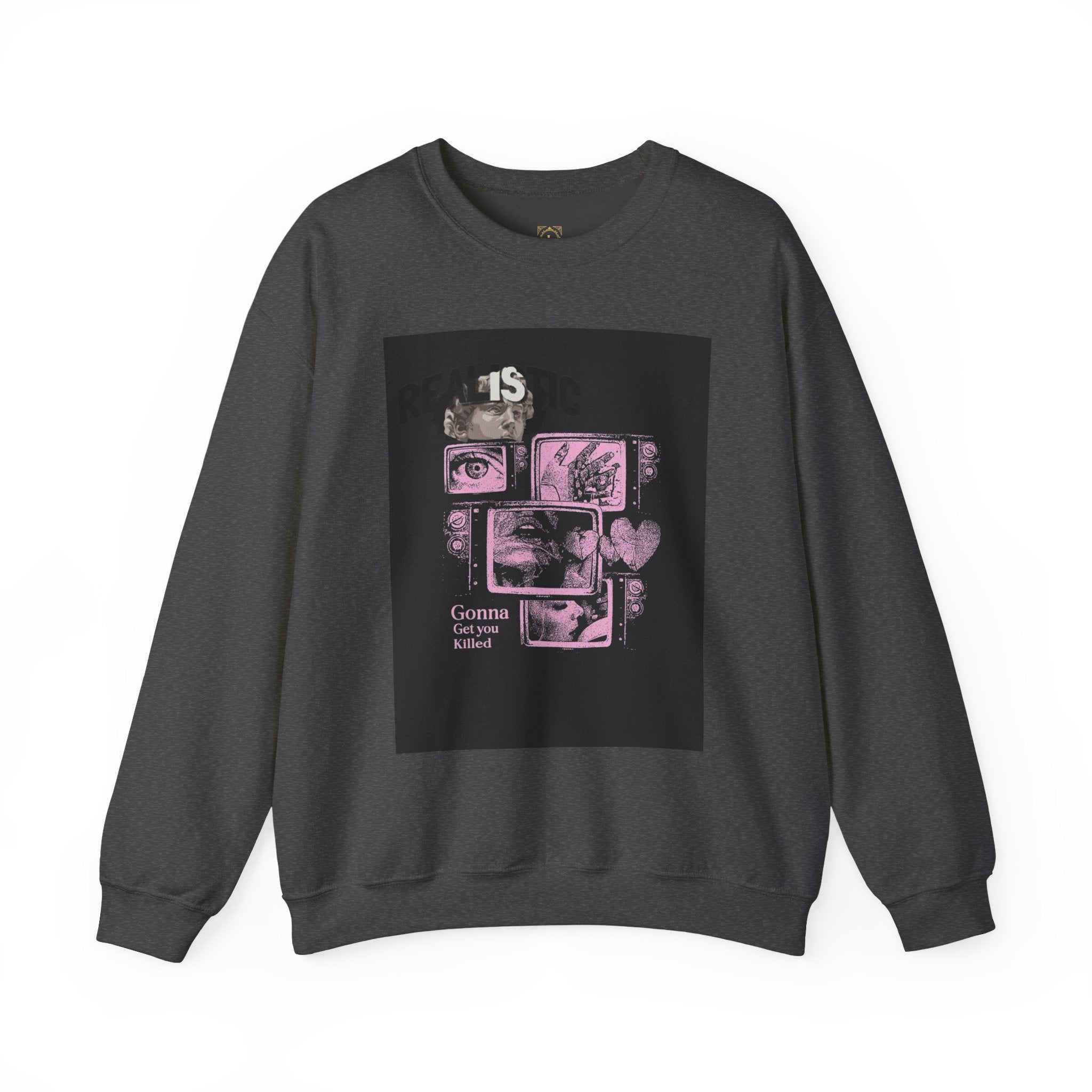 Crewneck Sweatshirt — Pink Collage Eyes Graphic “Gonna Get You, Kiddo”