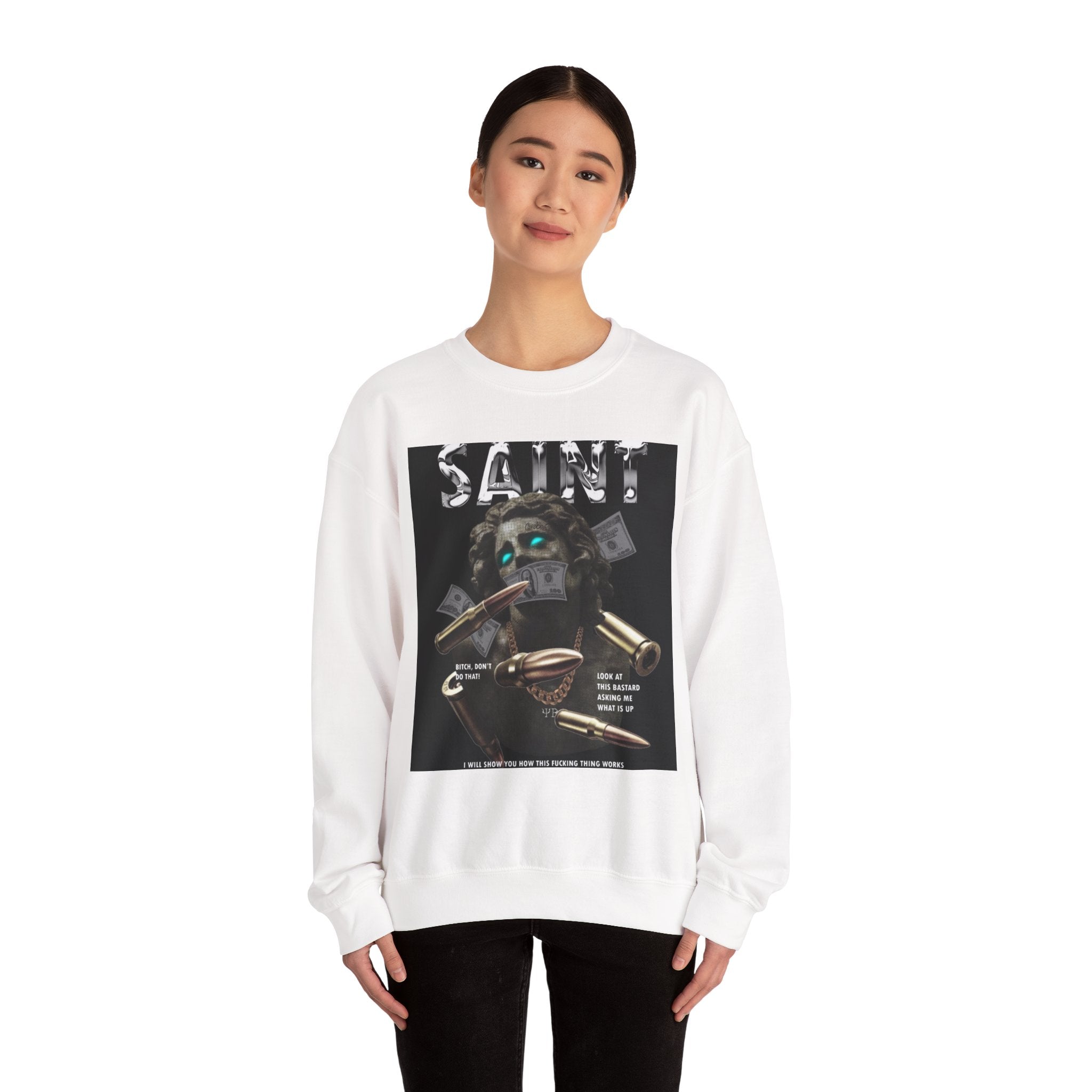 Saint Graphic Crewneck Sweatshirt — Dark Art Money Montage