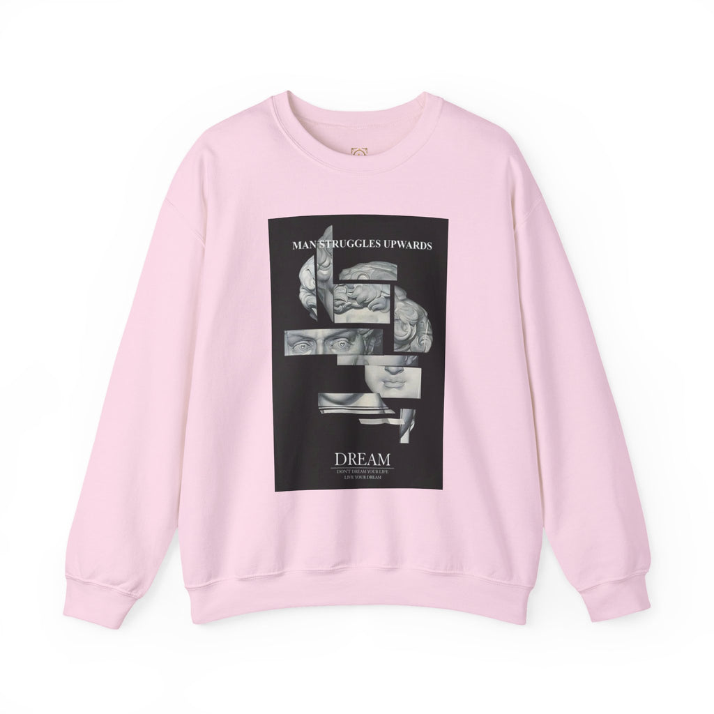 Dream Fragment Crewneck Sweatshirt — 'Man Struggles Upwards' Statue Collage