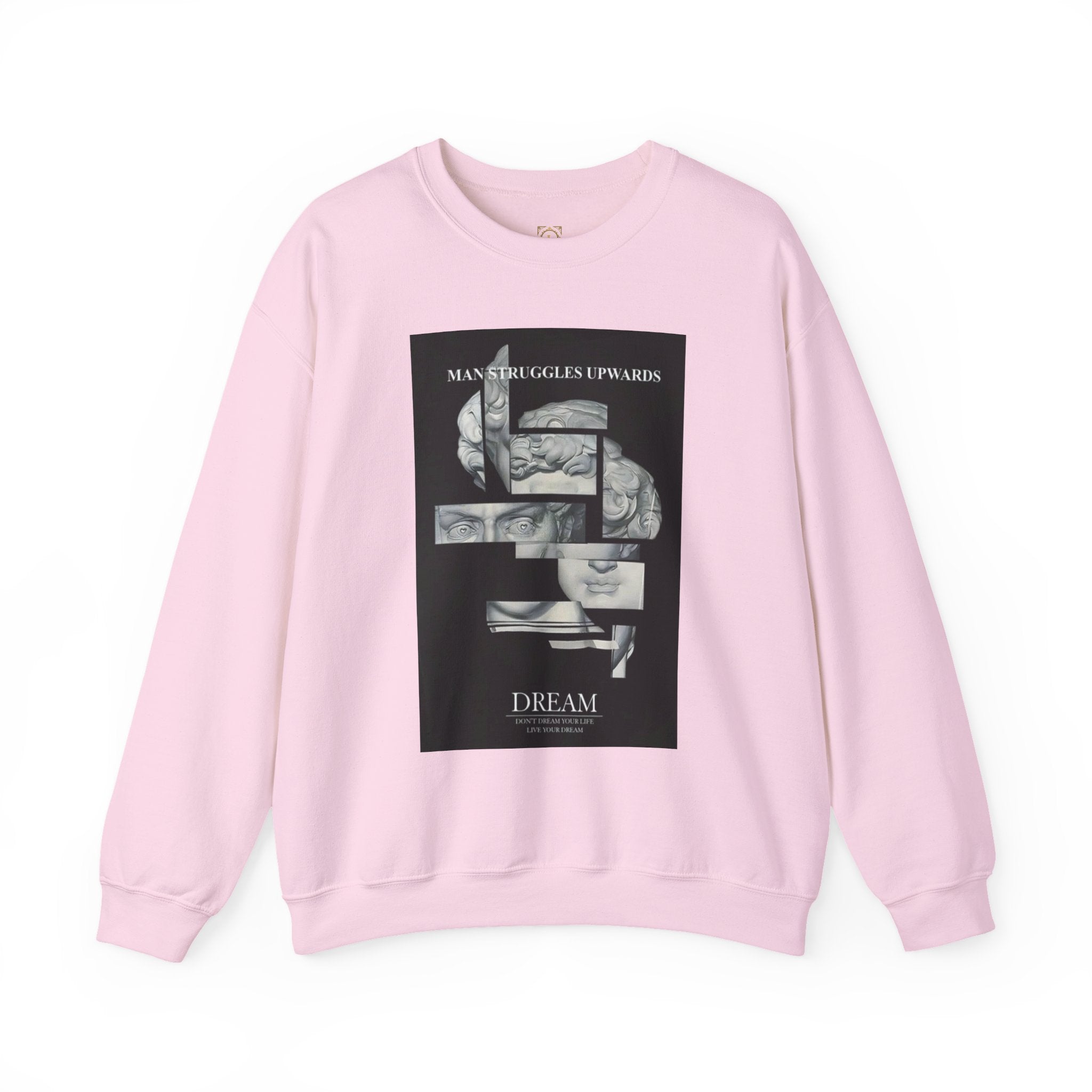 Dream Fragment Crewneck Sweatshirt — 'Man Struggles Upwards' Statue Collage