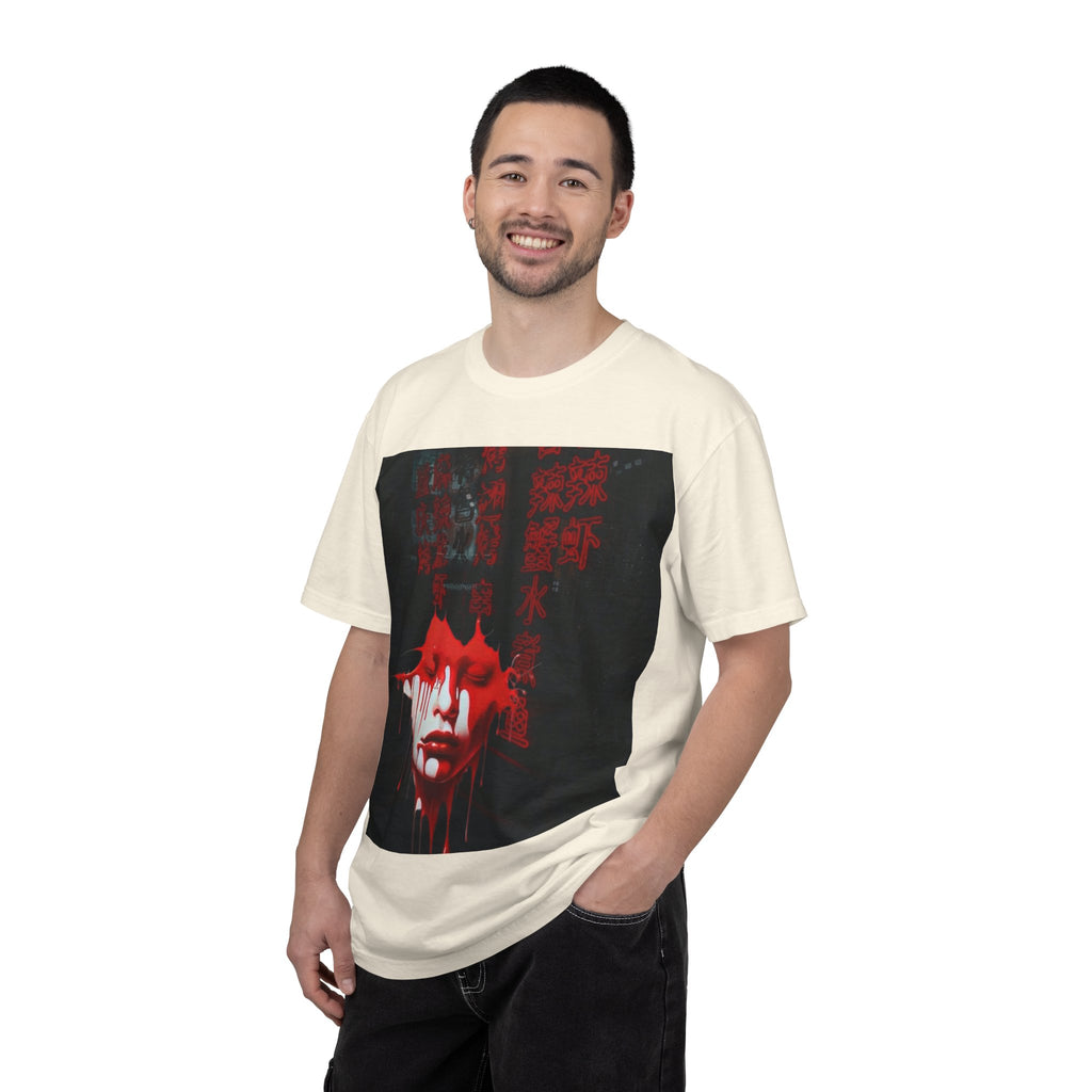 Horror Portrait Tee — Dripping Red Face with Japanese Script Graphic