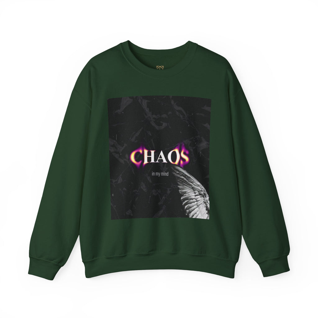Chaos Graphic Crewneck Sweatshirt — "CHAOS in my mind" Gothic Wing Design