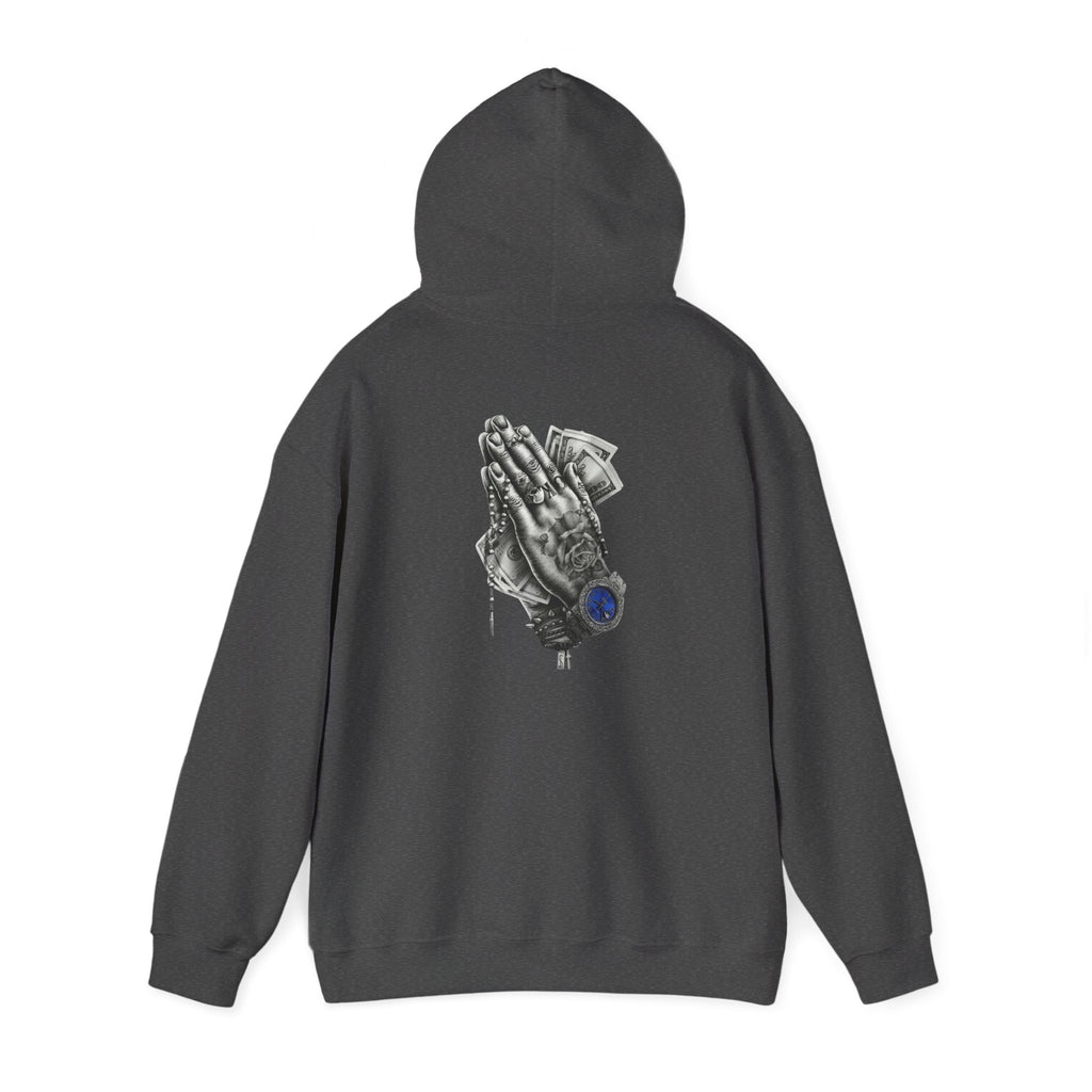 Hoodie — Praying Hands Graphic Hoodie with Blue Rose Accent