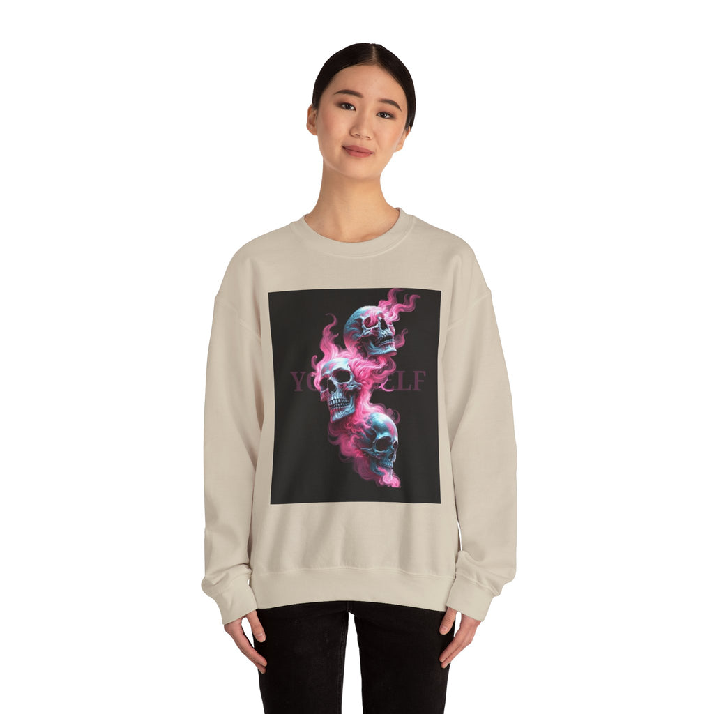 Skull Smoke Crewneck Sweatshirt — Neon Pink & Blue Gothic Graphic