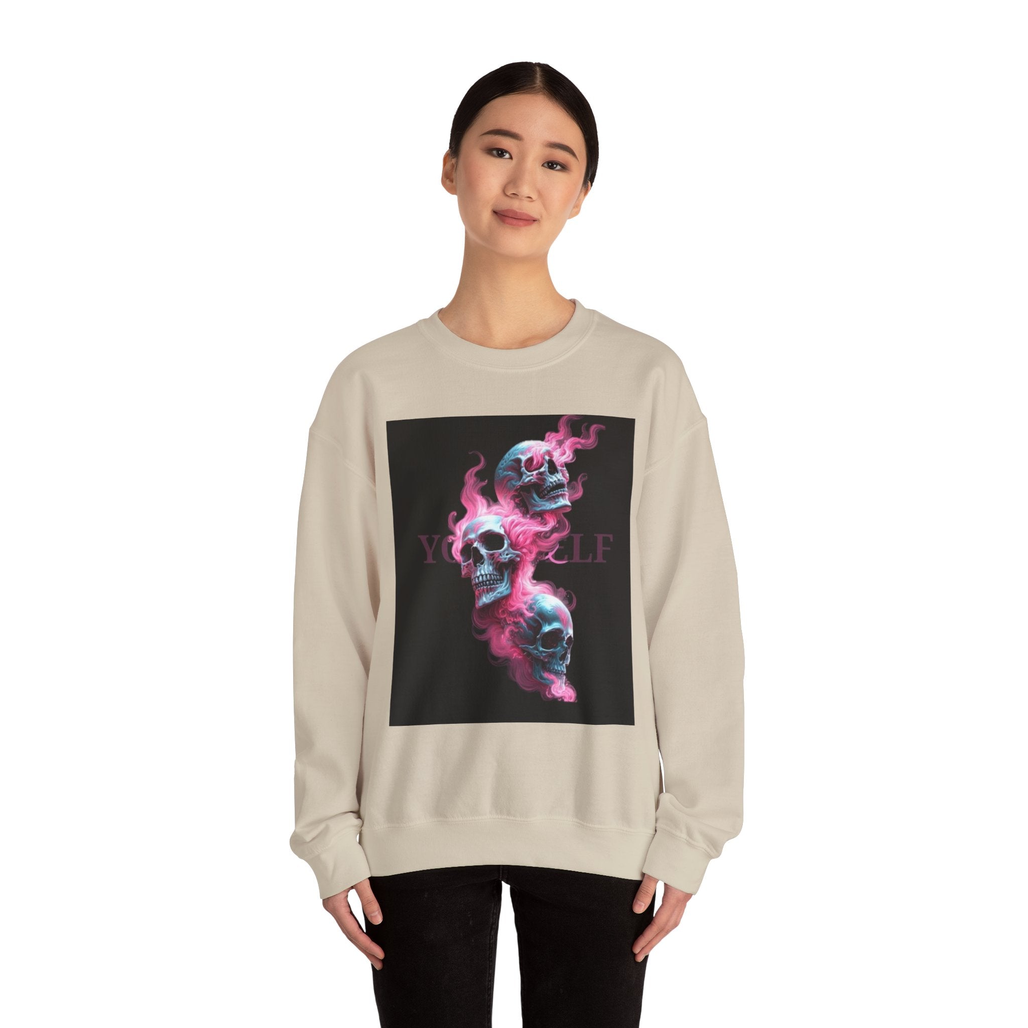Skull Smoke Crewneck Sweatshirt — Neon Pink & Blue Gothic Graphic