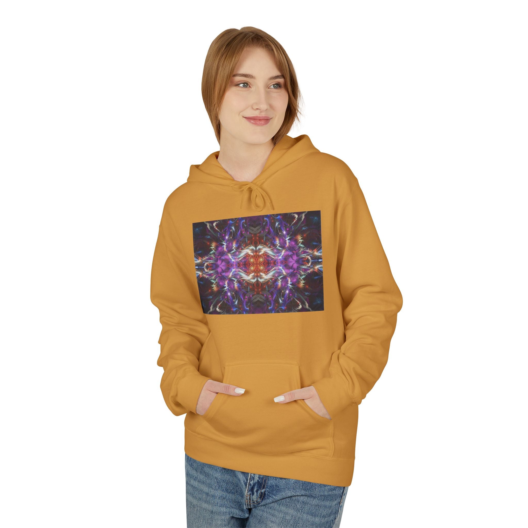 Kaleidoscope Neon Abstract Hoodie — Psychedelic Symmetry Graphic Sweatshirt