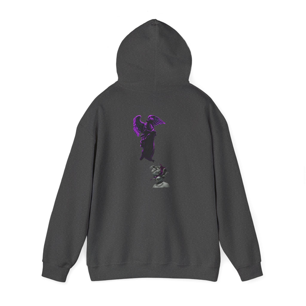 Angel Statue Hoodie — Gothic Purple Accent Sculptural Graphic Hoodie