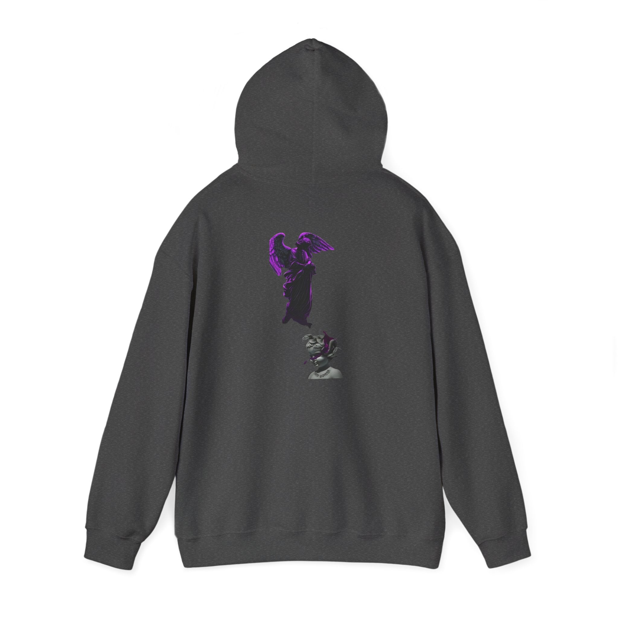 Angel Statue Hoodie — Gothic Purple Accent Sculptural Graphic Hoodie