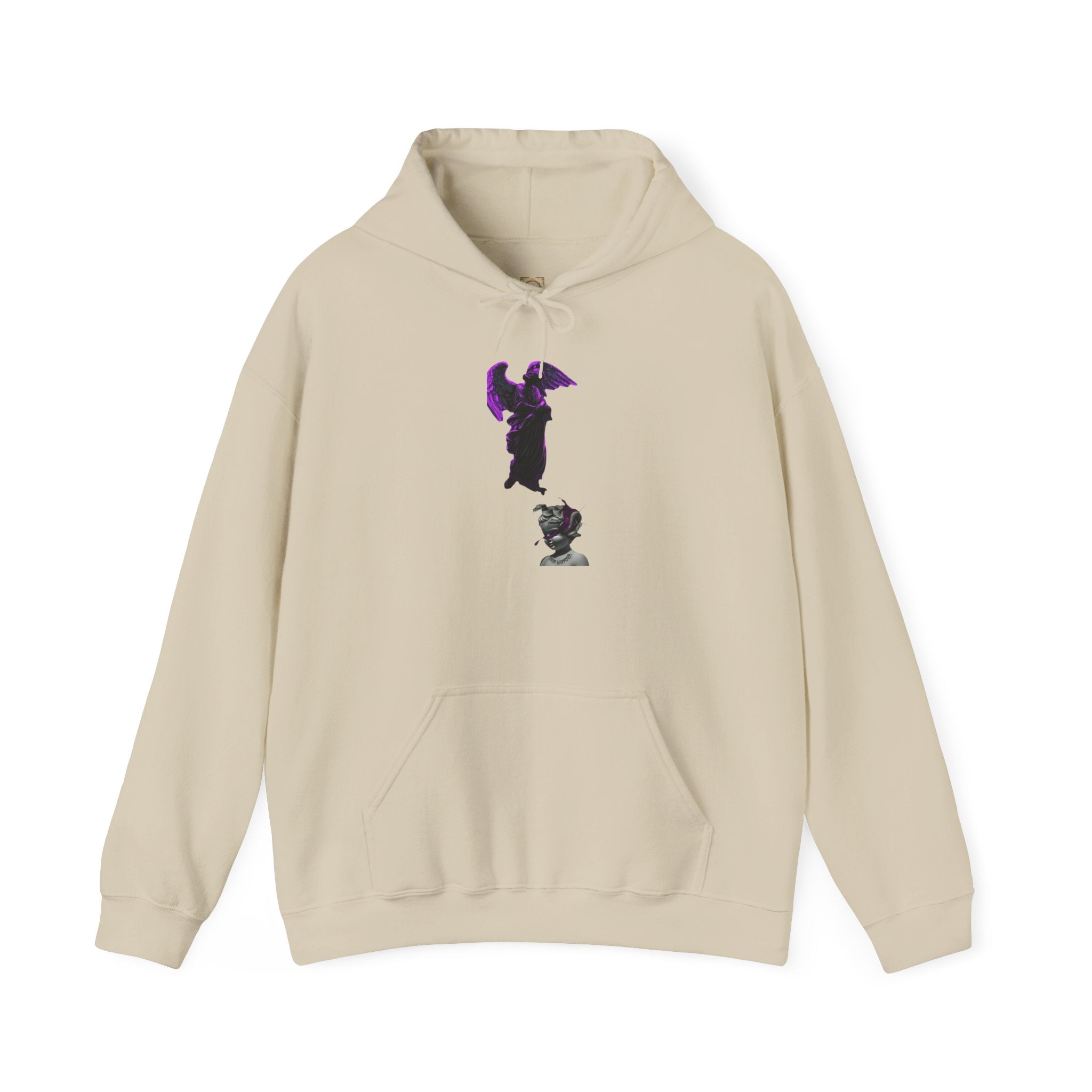Angel Statue Hoodie — Gothic Purple Accent Sculptural Graphic Hoodie