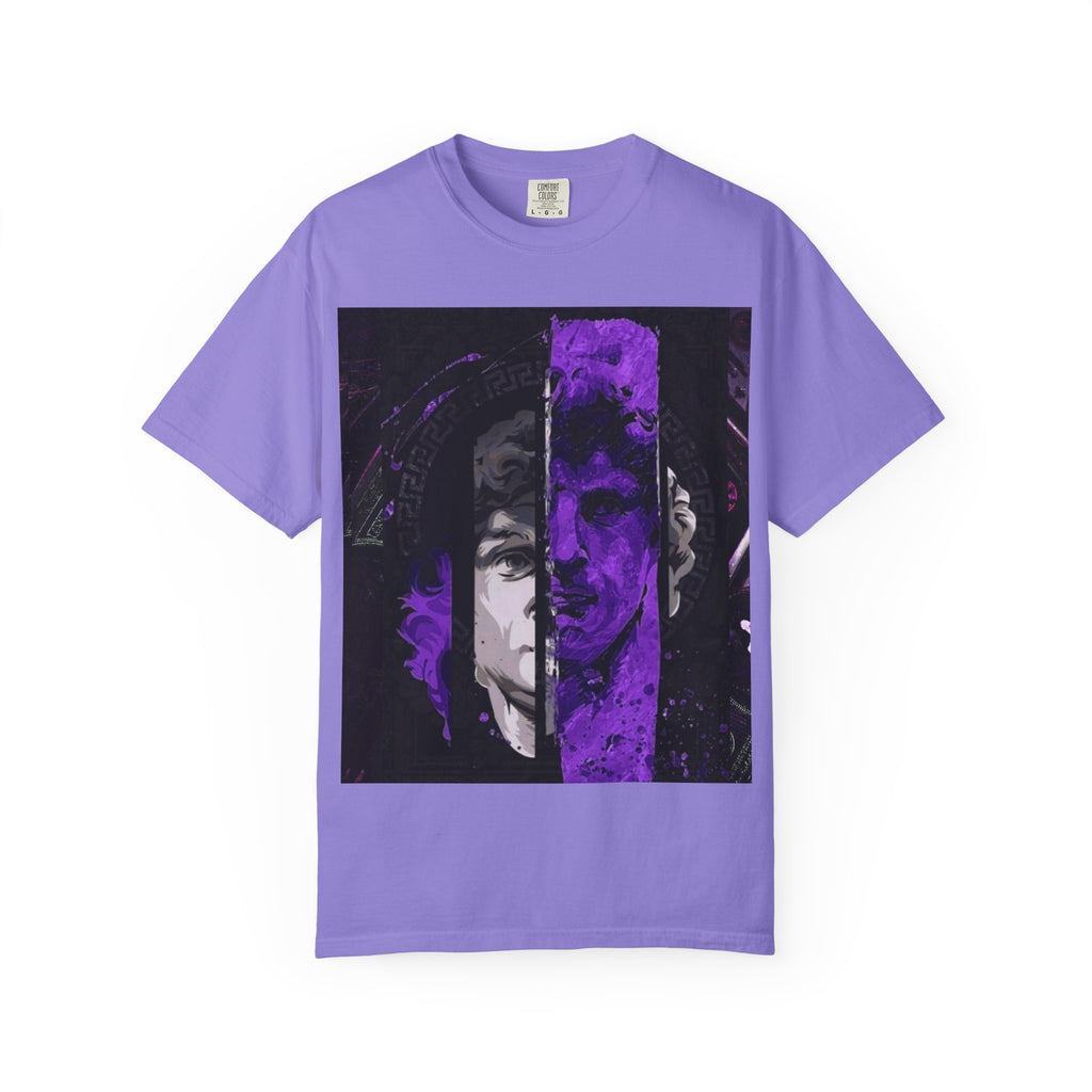 Dramatic Split-Face Graphic T-Shirt — Purple Noir Portrait Tee