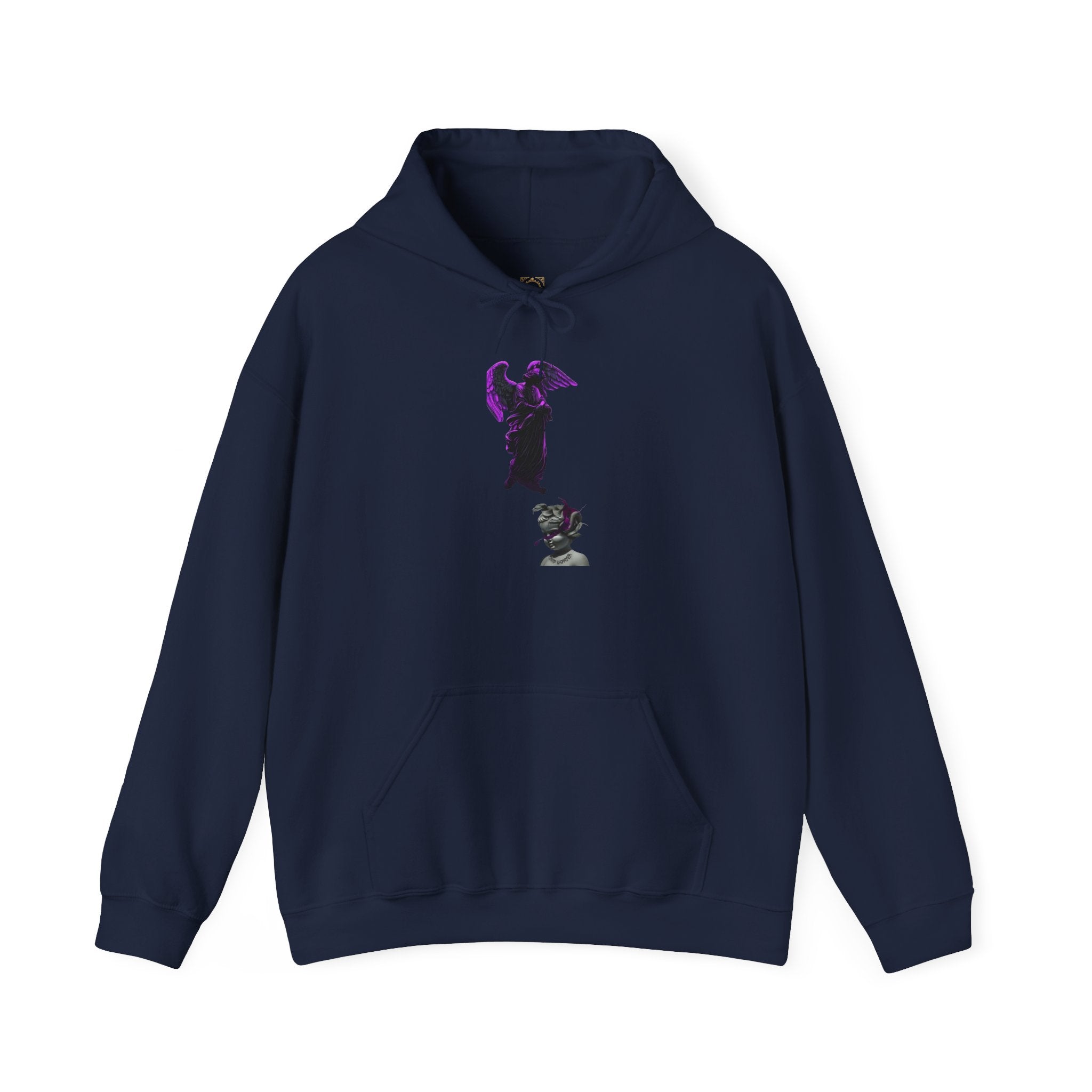 Angel Statue Hoodie — Gothic Purple Accent Sculptural Graphic Hoodie