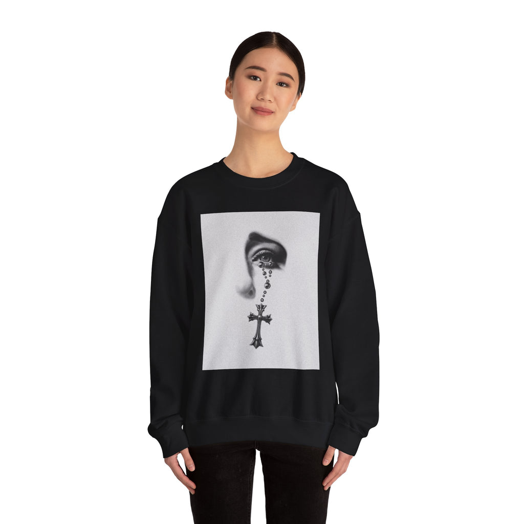 Rosary Tear Crewneck Sweatshirt — Gothic Eye & Cross Graphic