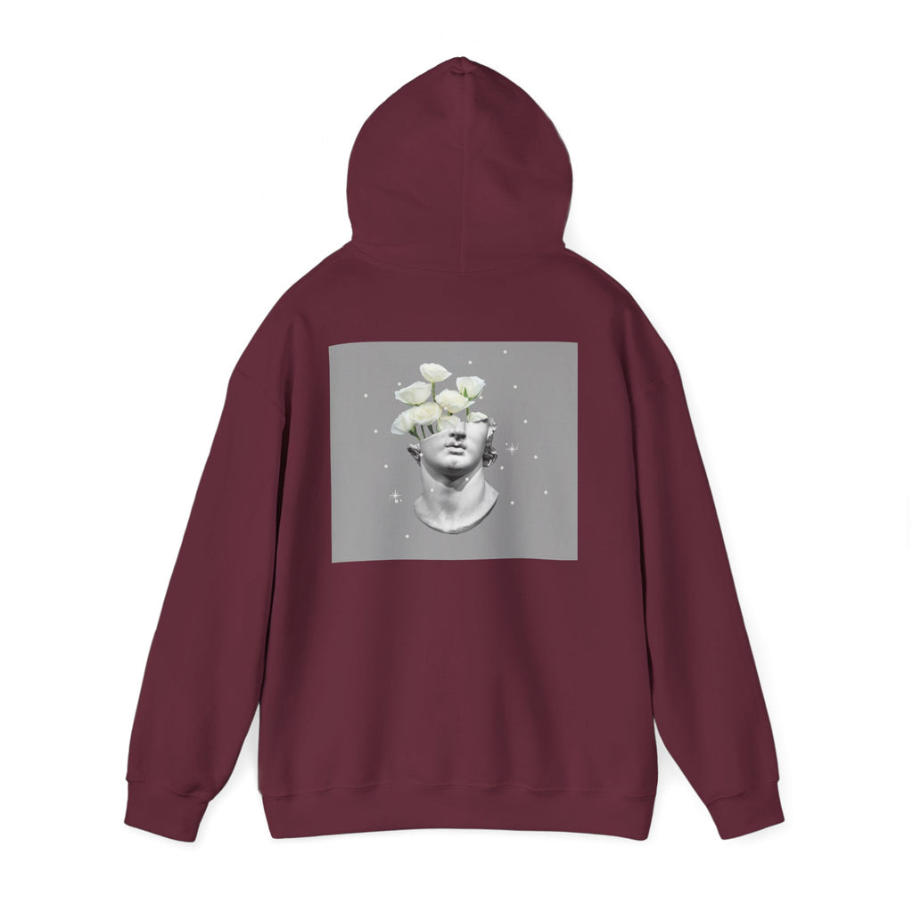 Statue Bloom Hoodie — Classical Bust with White Flowers Graphic Hoodie
