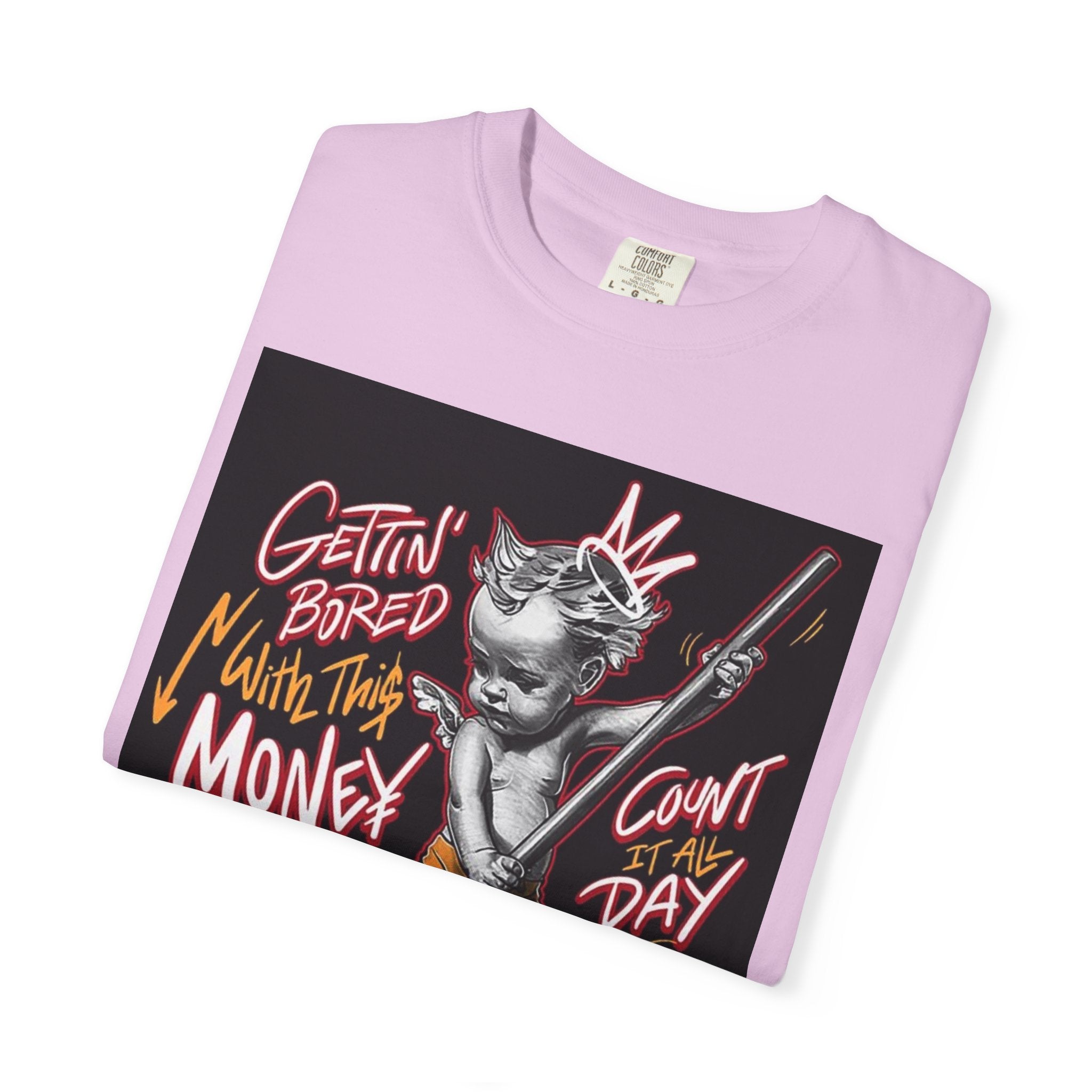 Cat Broomstick Money Tee — "Gettin' Bored With This Money" Graphic T-Shirt
