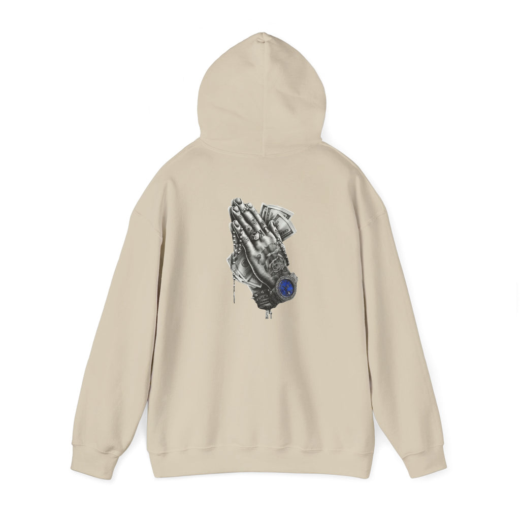 Hoodie — Praying Hands Graphic Hoodie with Blue Rose Accent