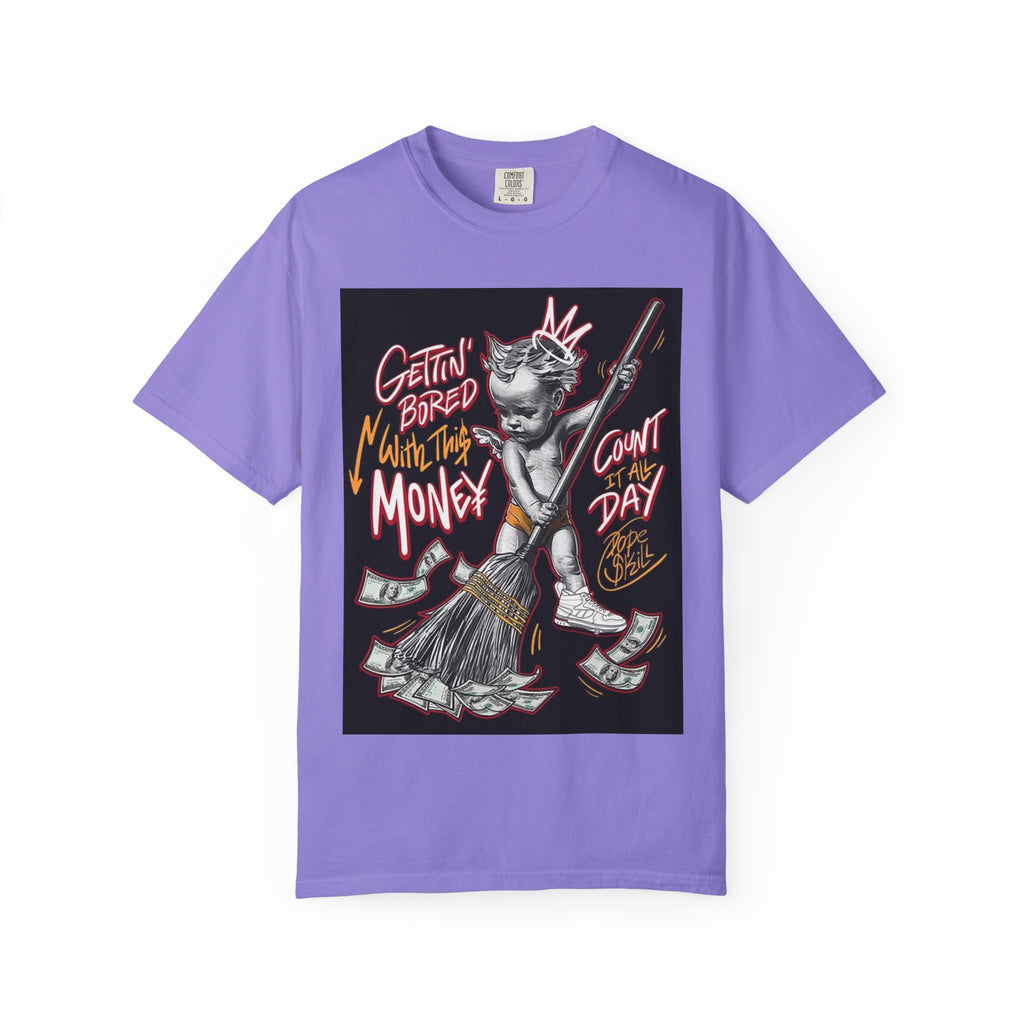 Cat Broomstick Money Tee — "Gettin' Bored With This Money" Graphic T-Shirt