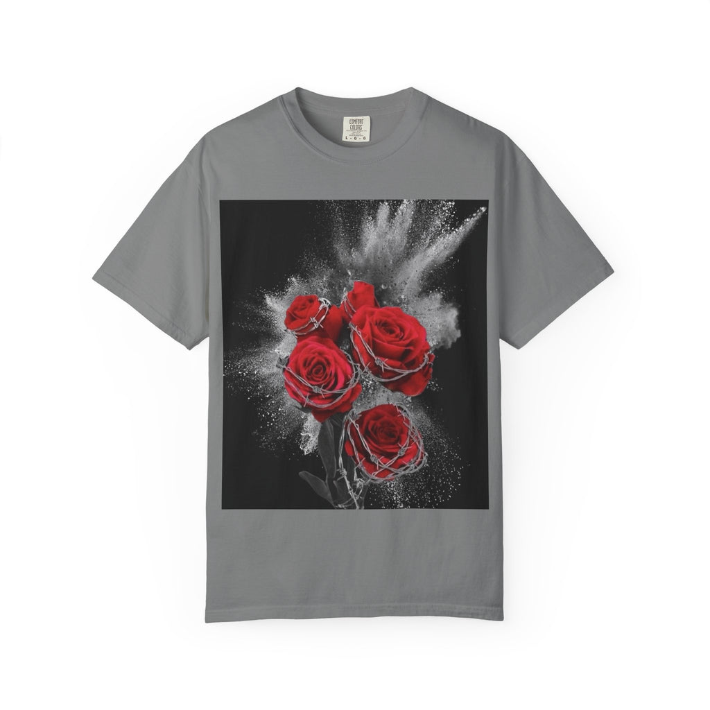 Rose Burst T-Shirt — Red Roses Graphic Tee with 'LEGACIESS' Back Logo