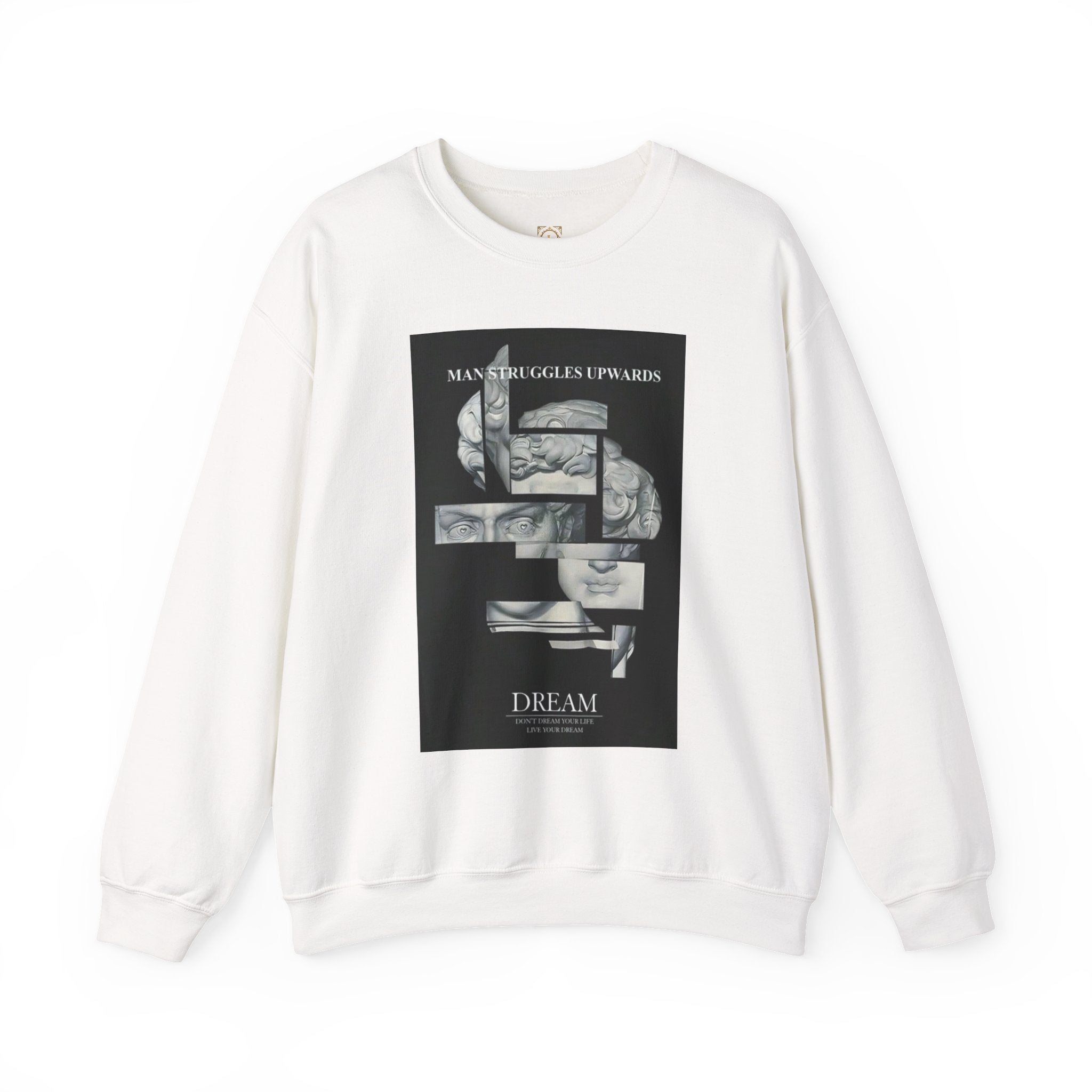 Dream Fragment Crewneck Sweatshirt — 'Man Struggles Upwards' Statue Collage