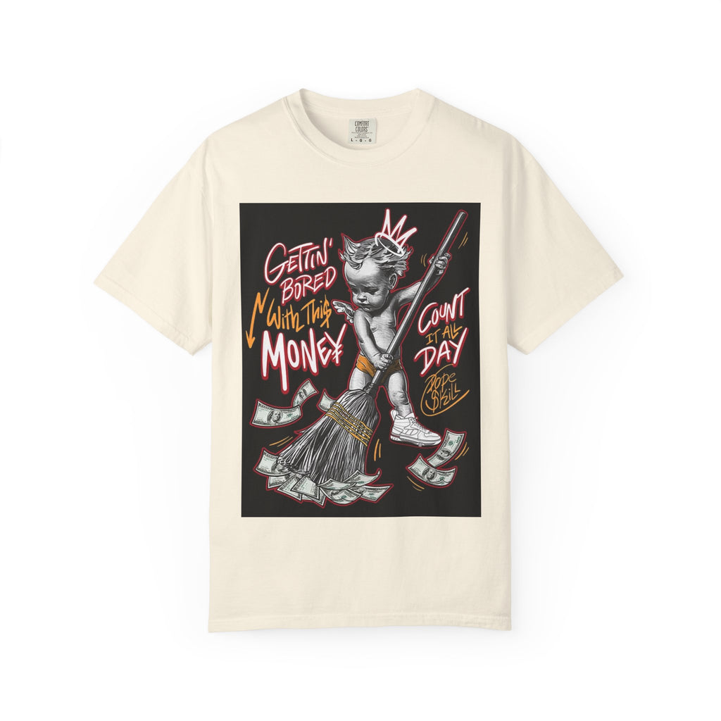 Cat Broomstick Money Tee — "Gettin' Bored With This Money" Graphic T-Shirt