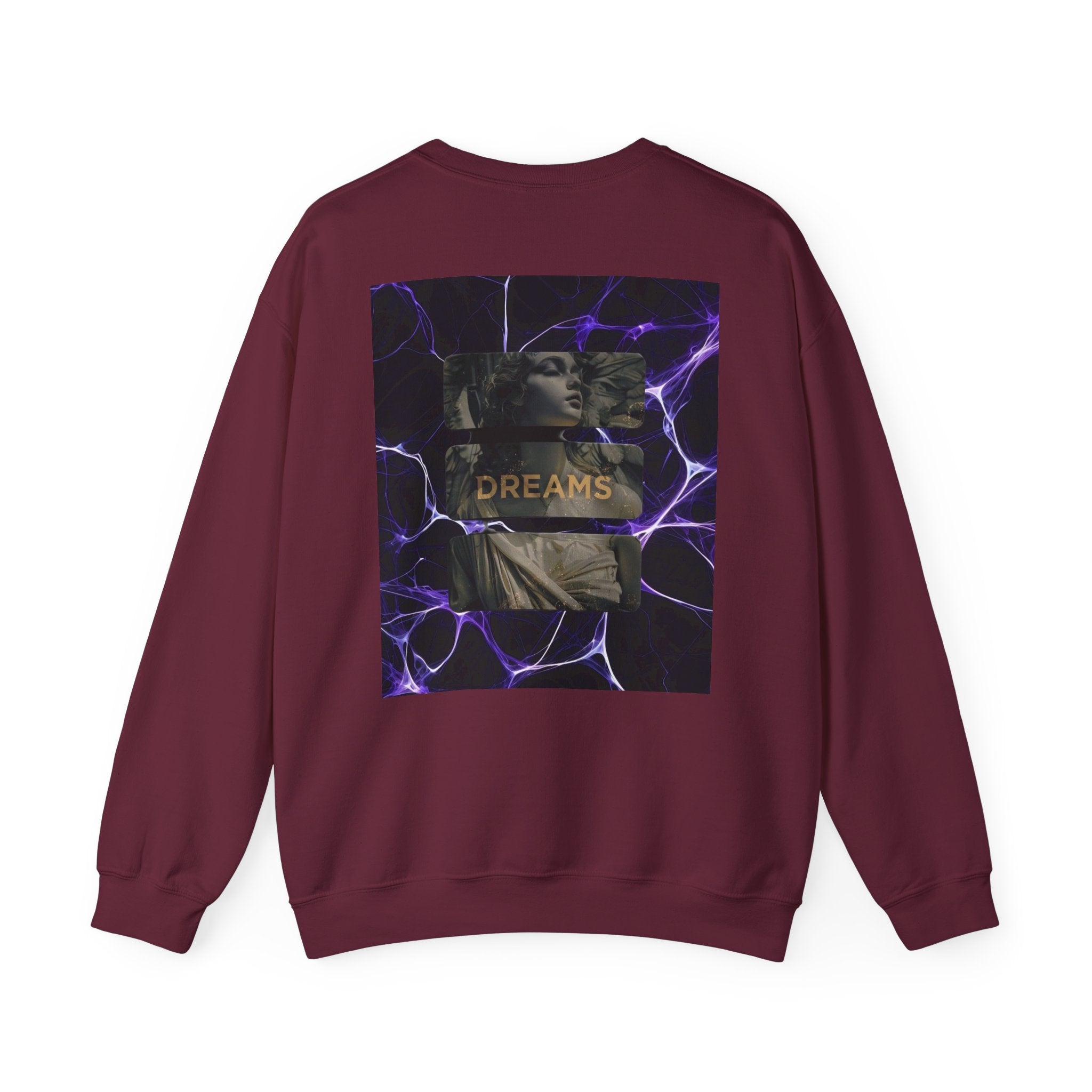 Dreams Statue Crewneck Sweatshirt — Retro Statue Graphic with Purple Lightning