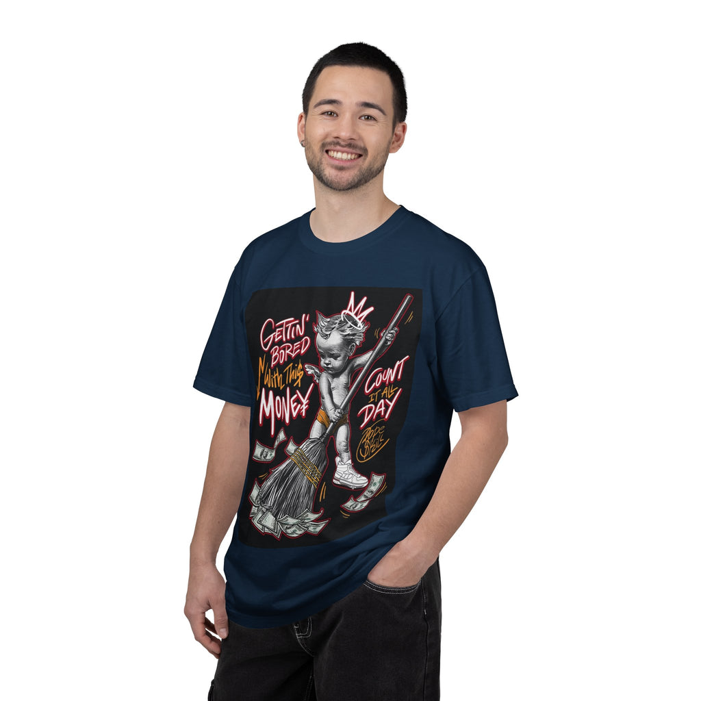 Cat Broomstick Money Tee — "Gettin' Bored With This Money" Graphic T-Shirt