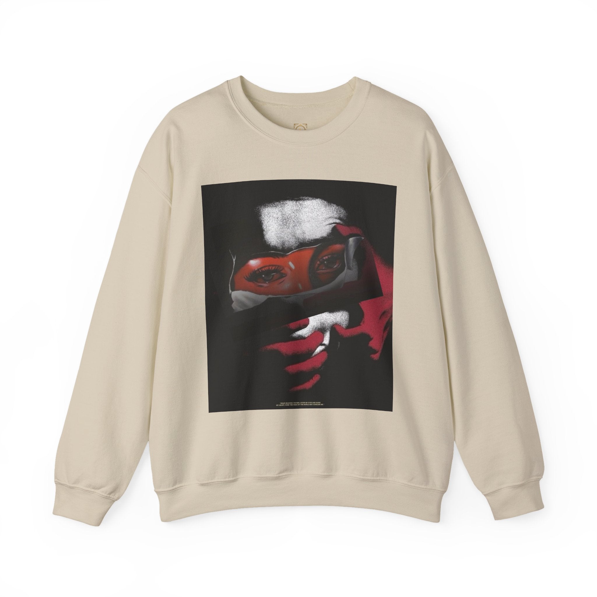 Masked Red Eyes Crewneck Sweatshirt — Graphic Streetwear with 'Legaciess' Back Logo