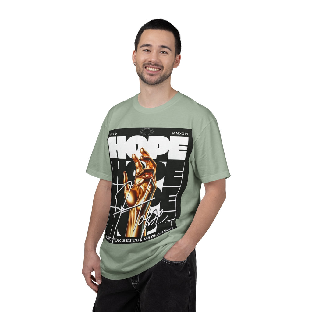 Hope Vibe Graphic T-Shirt — 'Hope for Better Days Ahead' Chest Print with Gold Hand & Back 'Legaciess' Logo