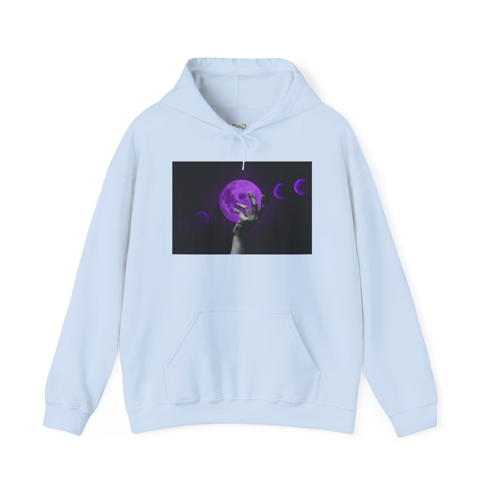Moon Phases Hoodie — Purple Lunar Hand Graphic Pullover