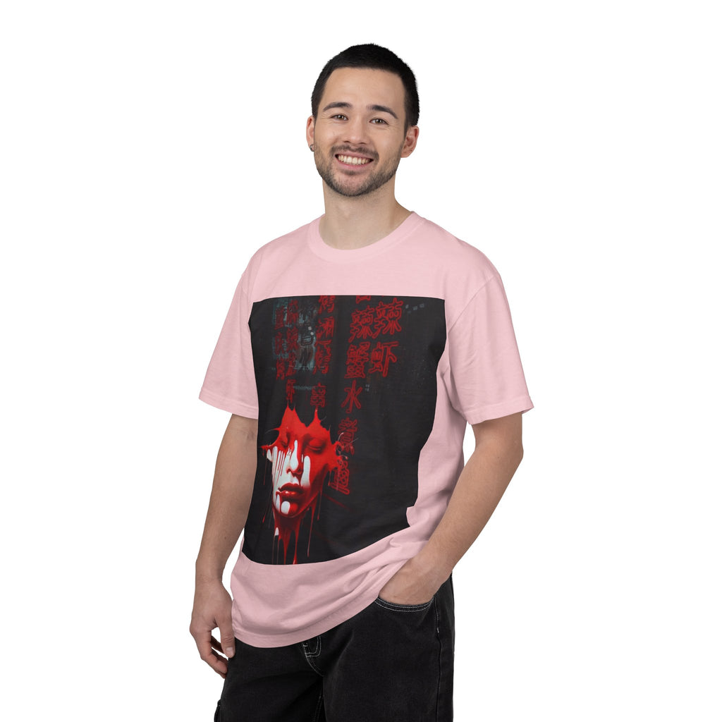 Horror Portrait Tee — Dripping Red Face with Japanese Script Graphic
