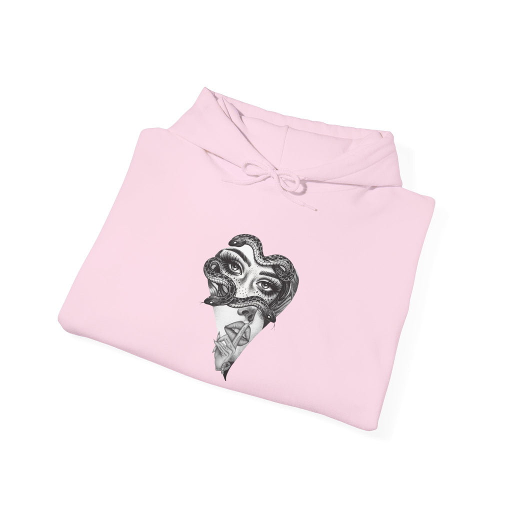 Abstract Heart Mask Hoodie — Surreal Black & White Graphic Pullover